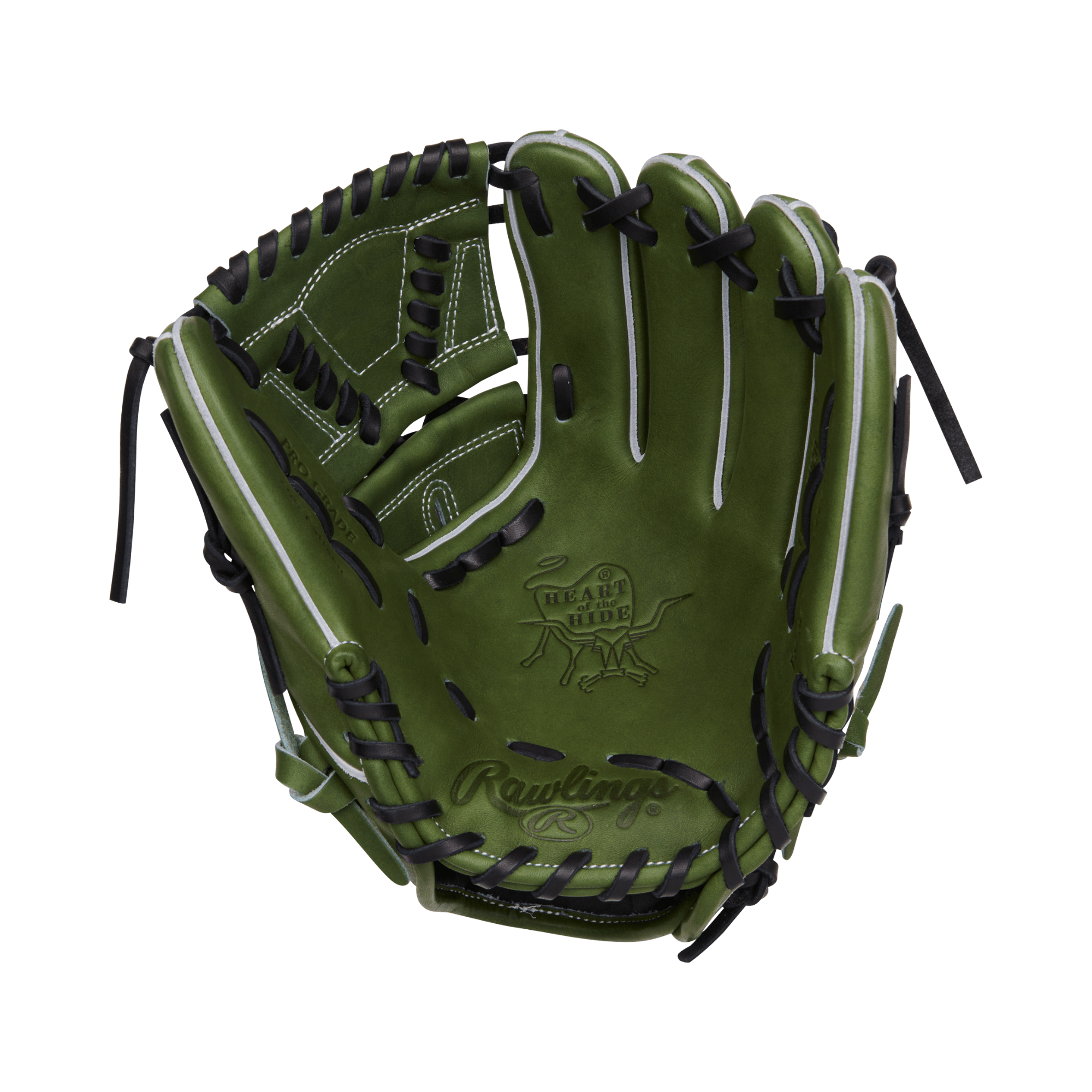 Rawlings Military Green Heart of the Hide 11.75" fielders glove showcasing premium steerhide leather and laced solid web design.
