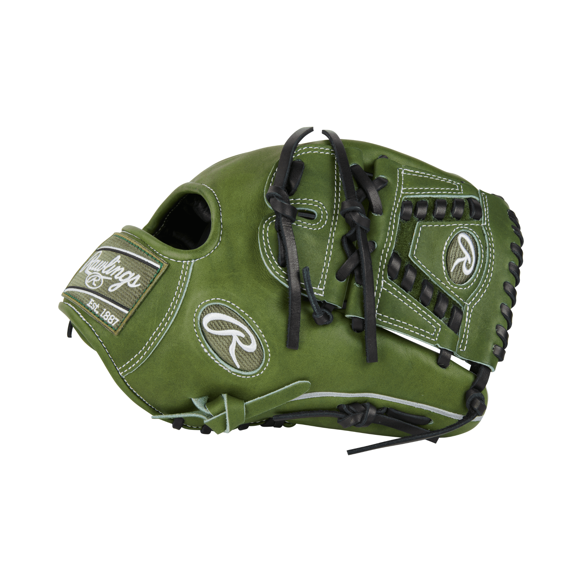 Rawlings Military Green Heart of the Hide 11.75-inch left-handed fielders glove, crafted from premium steerhide leather.