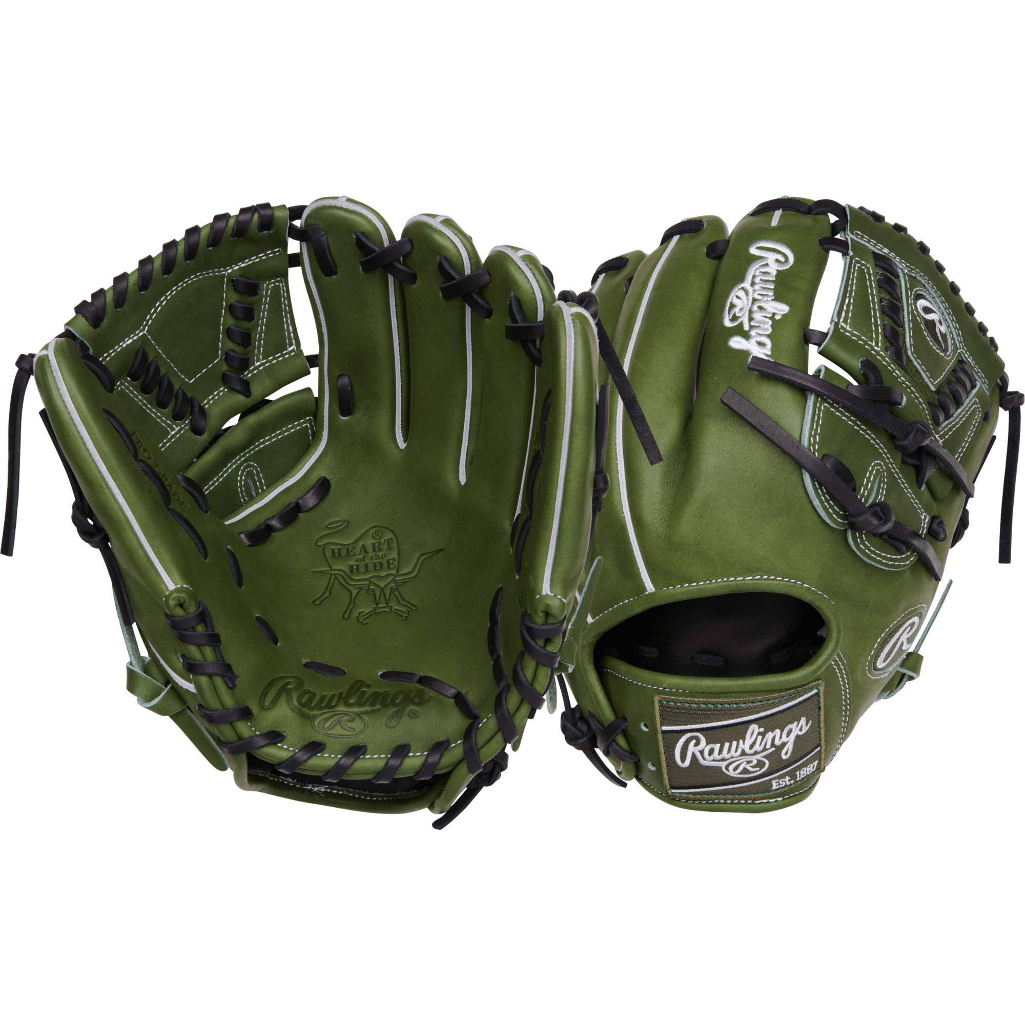 Rawlings Military Green Heart of the Hide 11.75" left-hand throw fielder's glove, ultra-premium leather design.