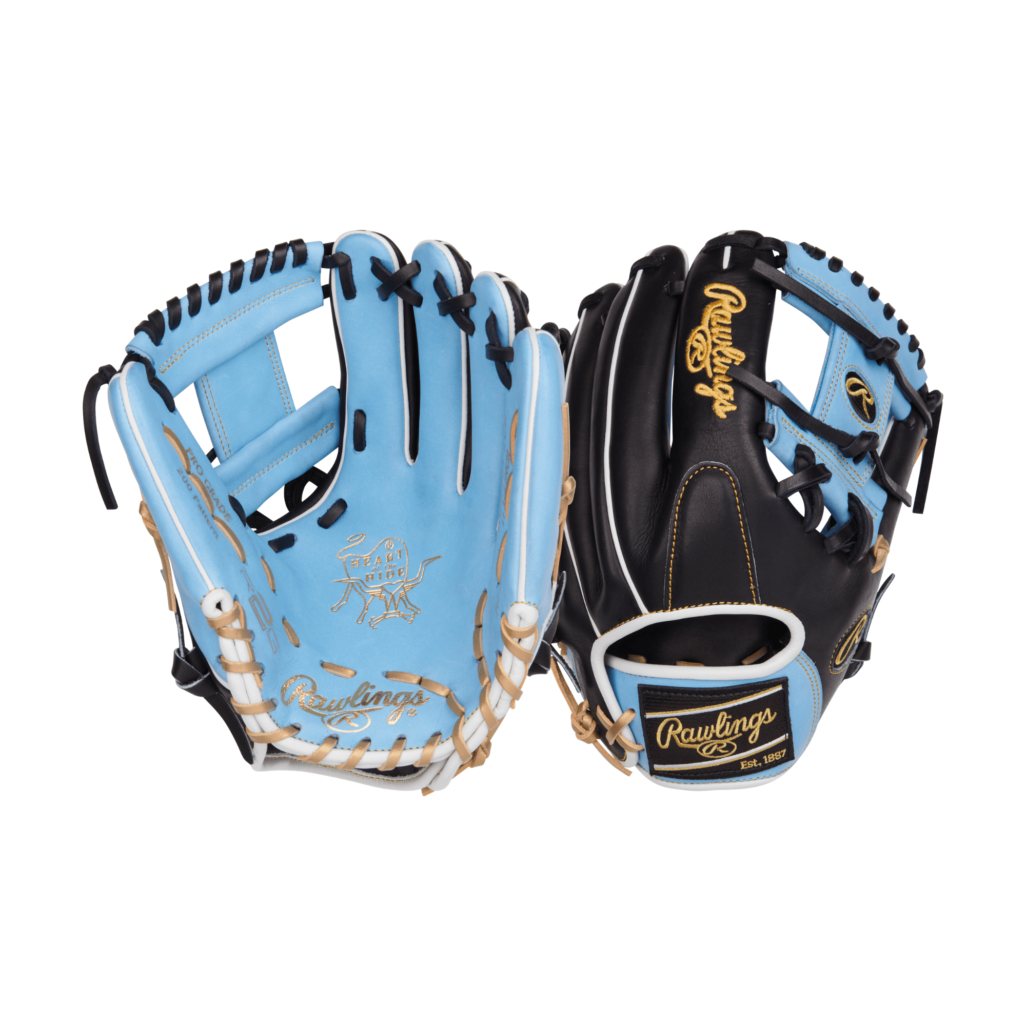 Rawlings Heart Of The Hide R2G baseball glove in black and Columbia blue with gold accents, showcasing premium leather.