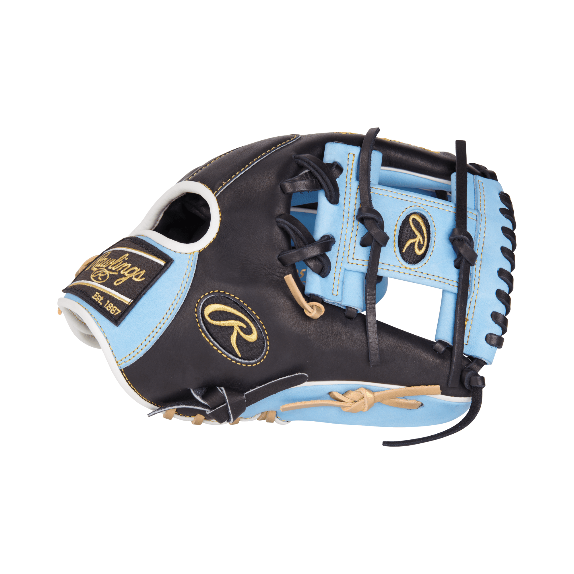 Rawlings Heart Of The Hide R2G Baseball Glove in black and Columbia blue with gold accents, 11.75" RHT, perfect for infield play.