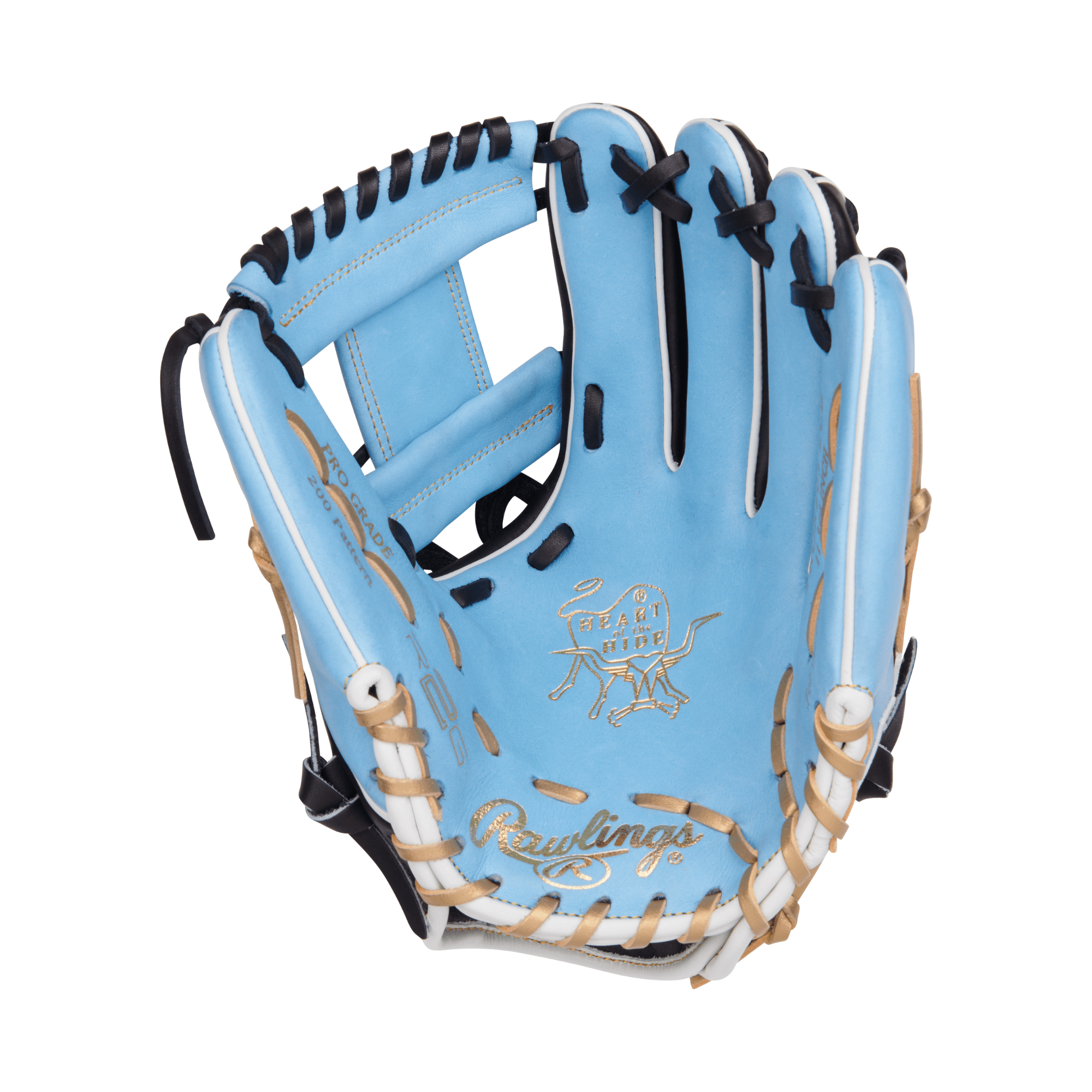 Rawlings Heart Of The Hide R2G Technology Series 11.75" baseball glove in black and Columbia blue with gold accents.