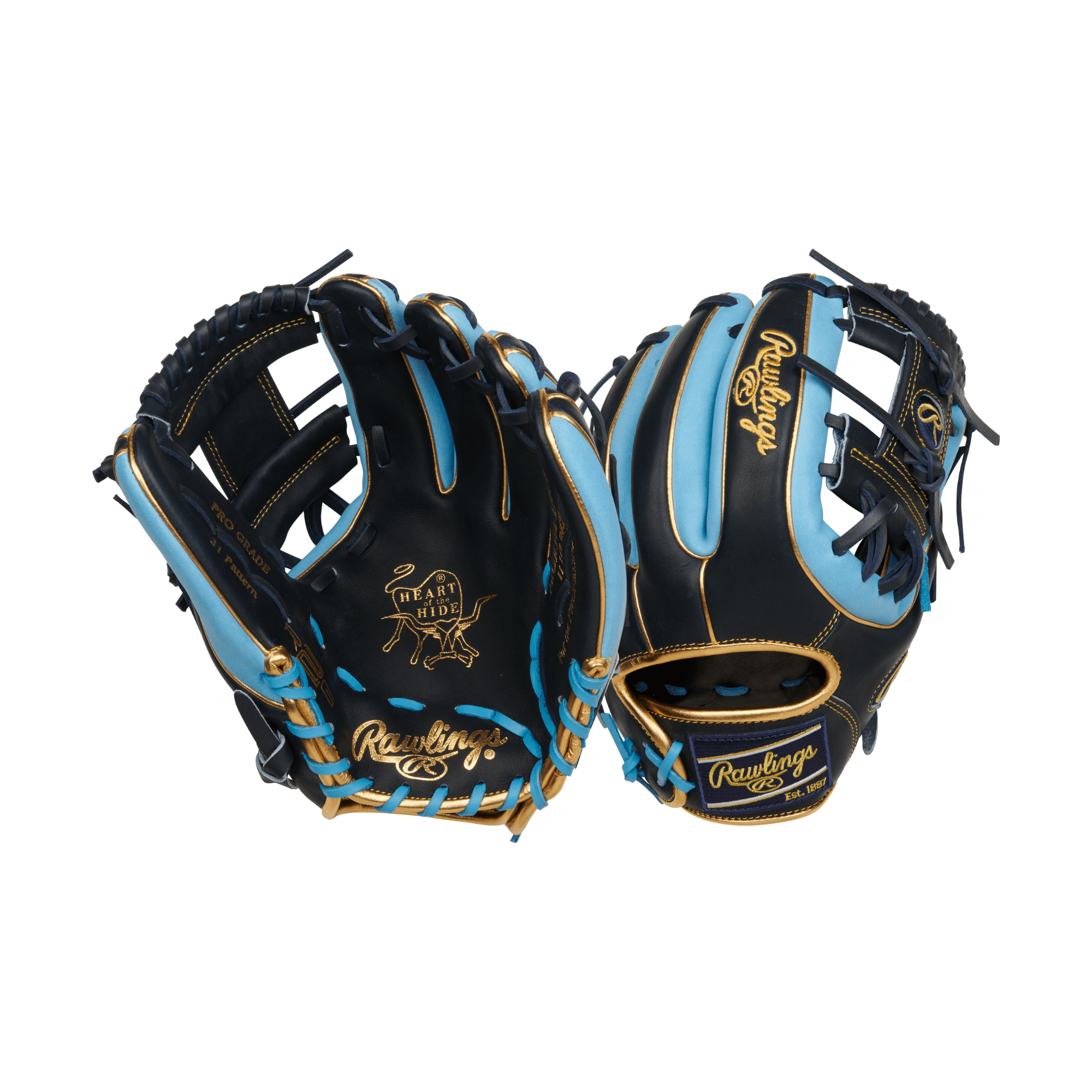 Rawlings Heart Of The Hide R2G 11.5" baseball glove in black and Columbia blue, featuring premium leather design.