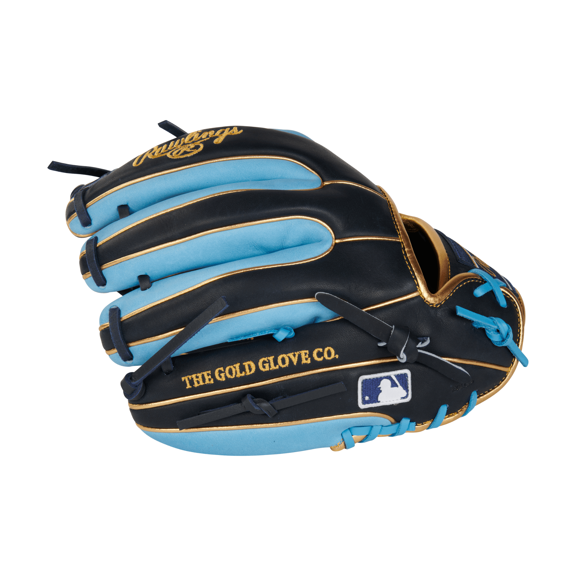 Rawlings Heart Of The Hide R2G 11.5" baseball glove in black and Columbia blue, featuring premium leather and comfortable design.