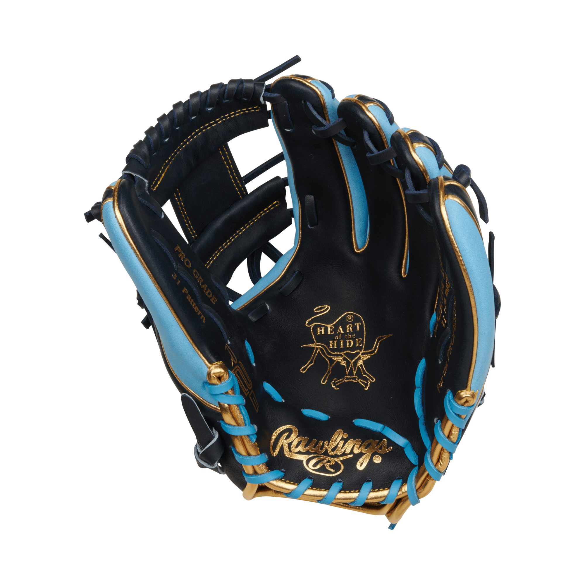 Rawlings Heart of the Hide R2G baseball glove in black and Columbia blue, designed for infielders, 11.5" RHT.