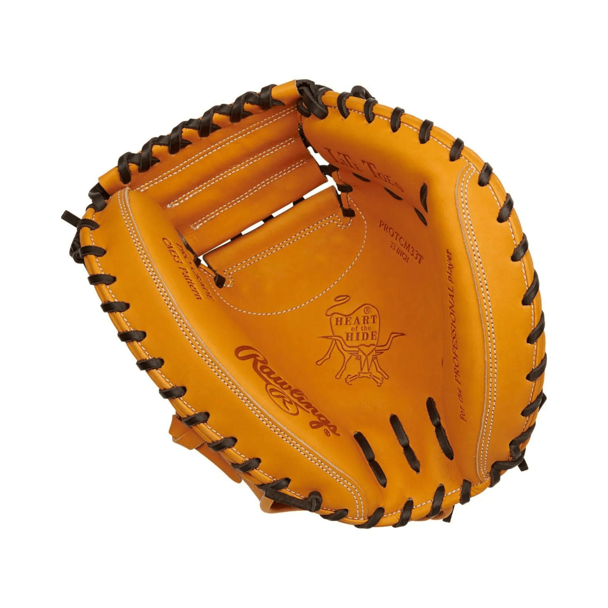 Rawlings Heart of the Hide 33" catchers mitt, tan leather with closed web design for baseball performance.