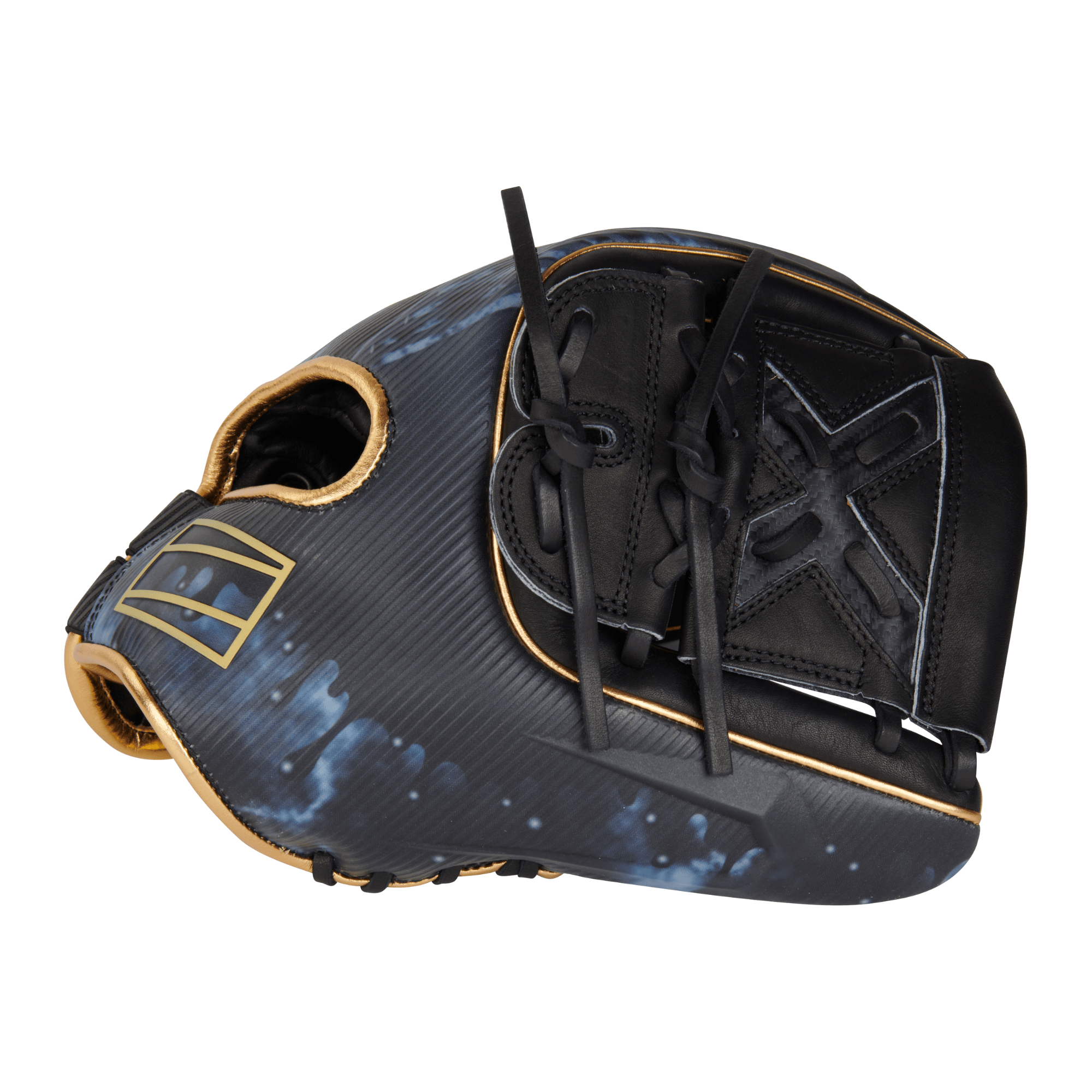 Rawlings REV1X 11.75-inch glove in black and gold, showcasing innovative design for pitchers and infielders.