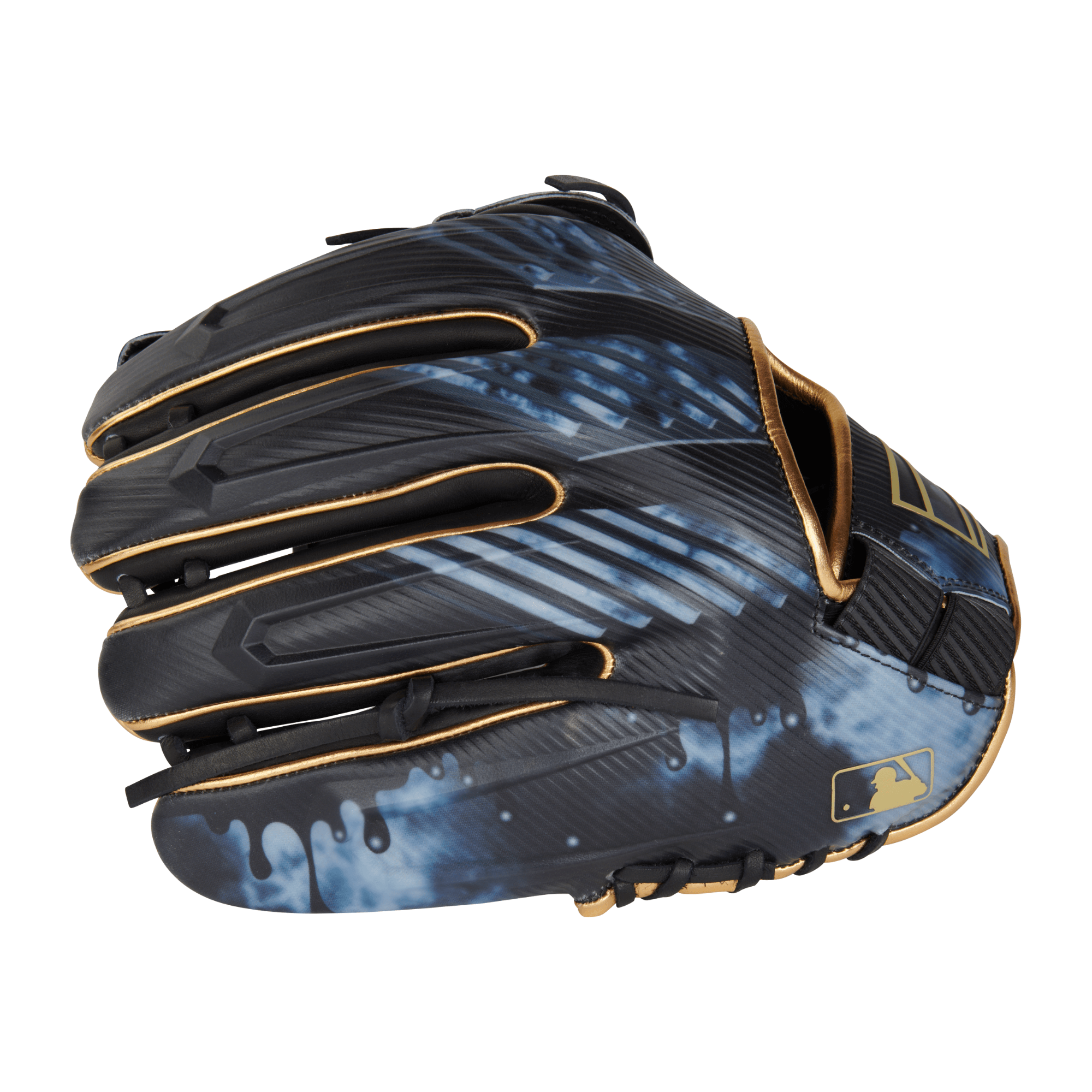 Rawlings REV1X 11.75-inch LHT infield/pitcher's glove with gold accents and black ink-drip design.