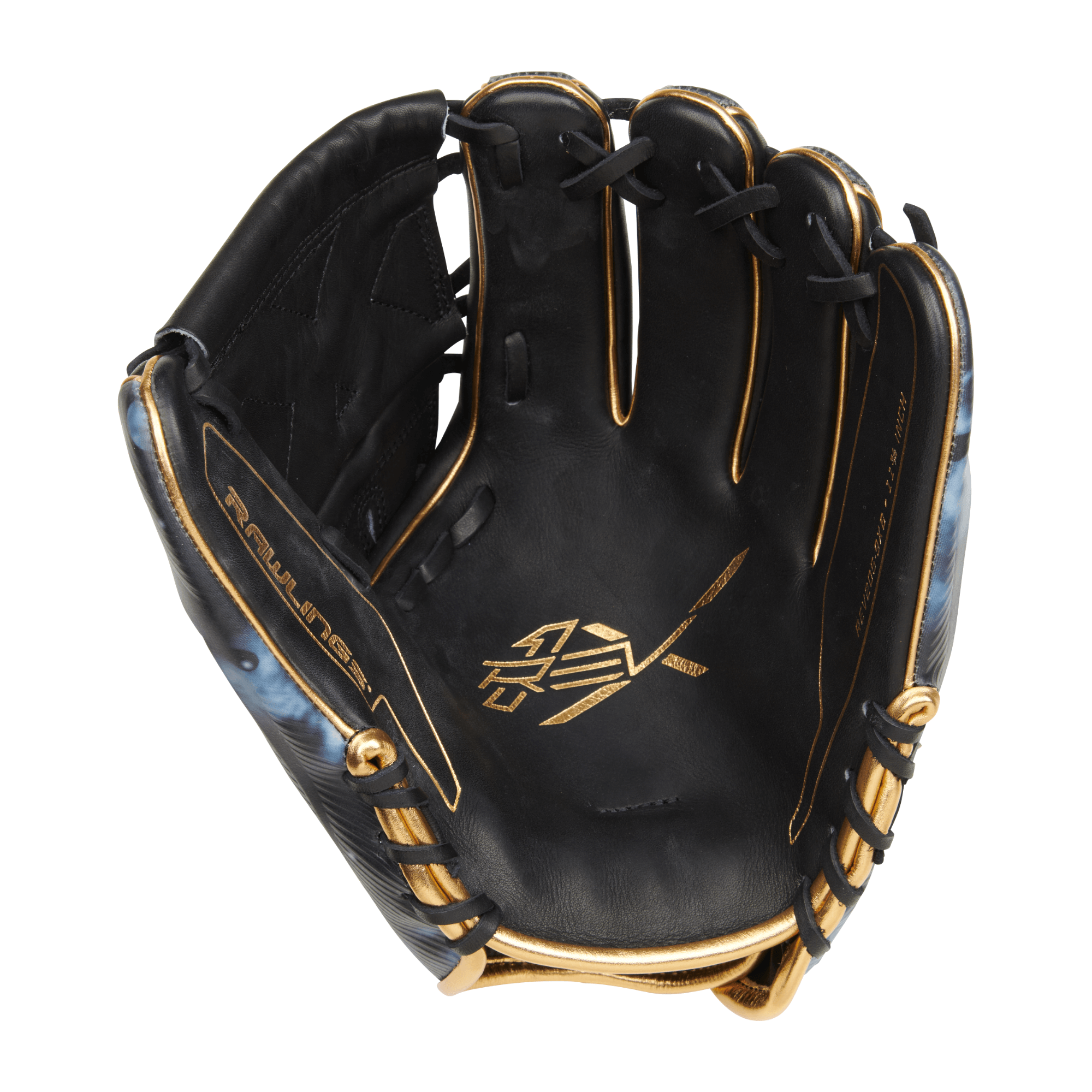 Rawlings REV1X 11.75-inch infield/pitcher's glove in black with gold accents and ink-drip design.