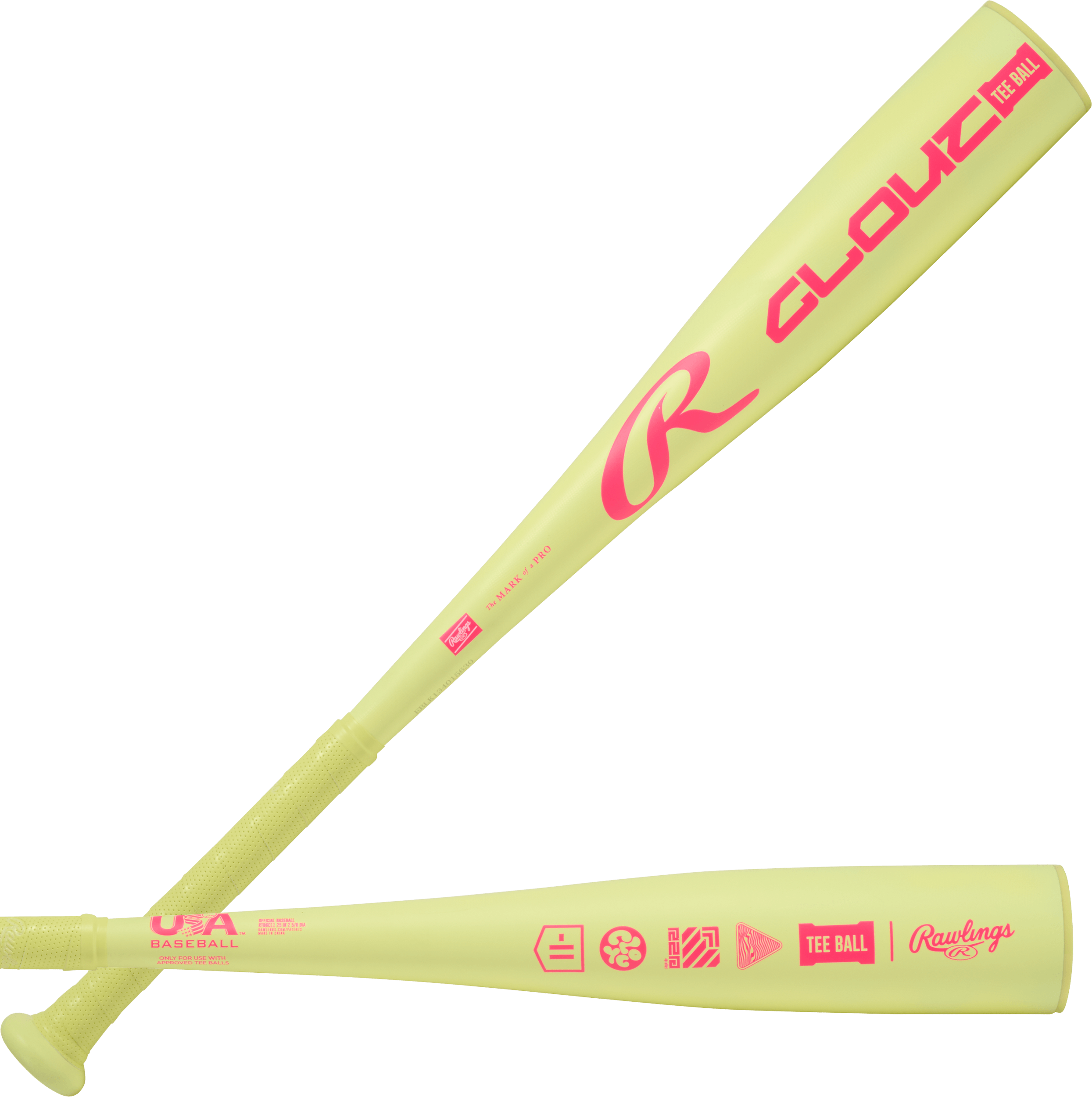 Side profile view of 2026 Rawlings Clout (-11) USA T-Ball Baseball Bat, featuring yellow exterior with red graphics and USA certification mark.