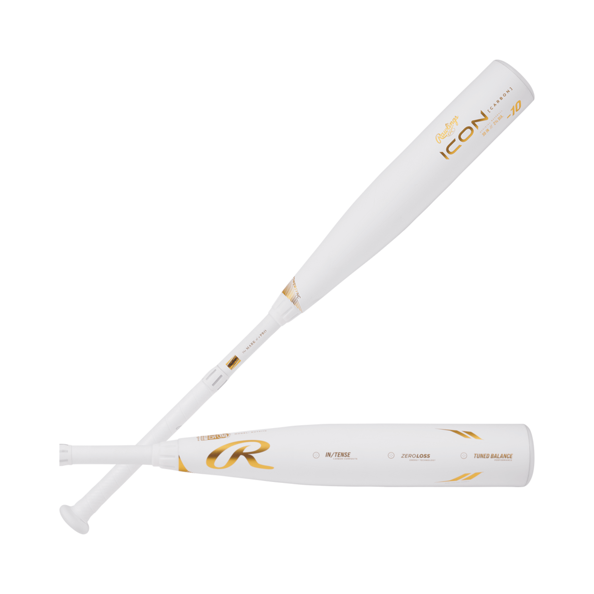 Rawlings Icon -10 USSSA youth baseball bat featuring In/Tense carbon composite and tapered handle design.