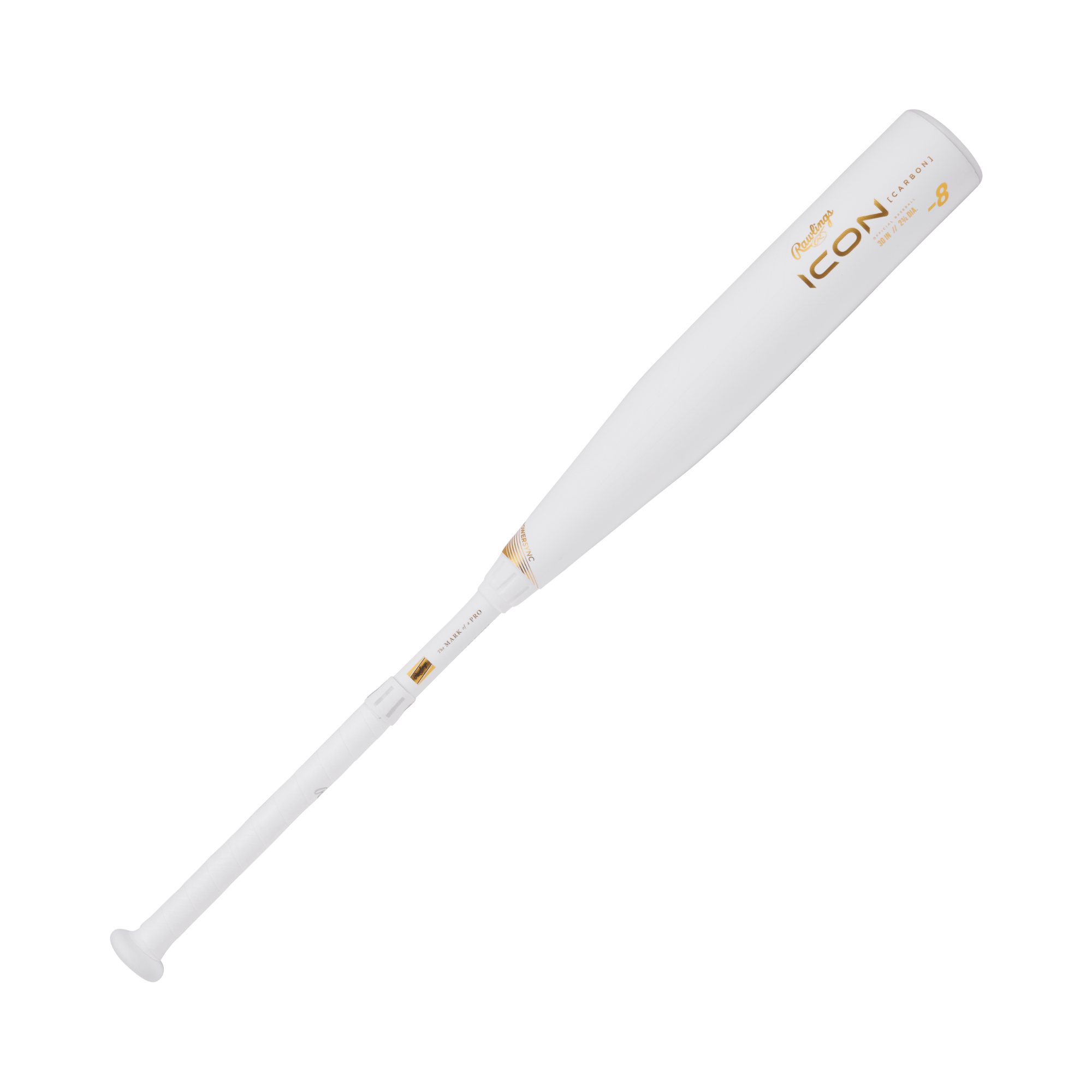 Rawlings Icon -8 USSSA youth baseball bat with a 2 3/4" barrel, featuring a sleek white design and gold accents.