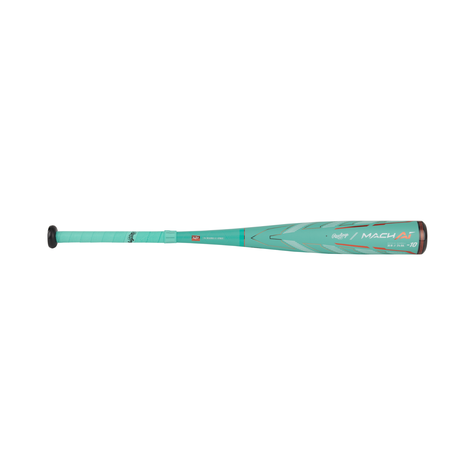 Rawlings Mach AI -10 USSSA youth baseball bat with a 2 3/4" barrel, showcasing its sleek turquoise design.