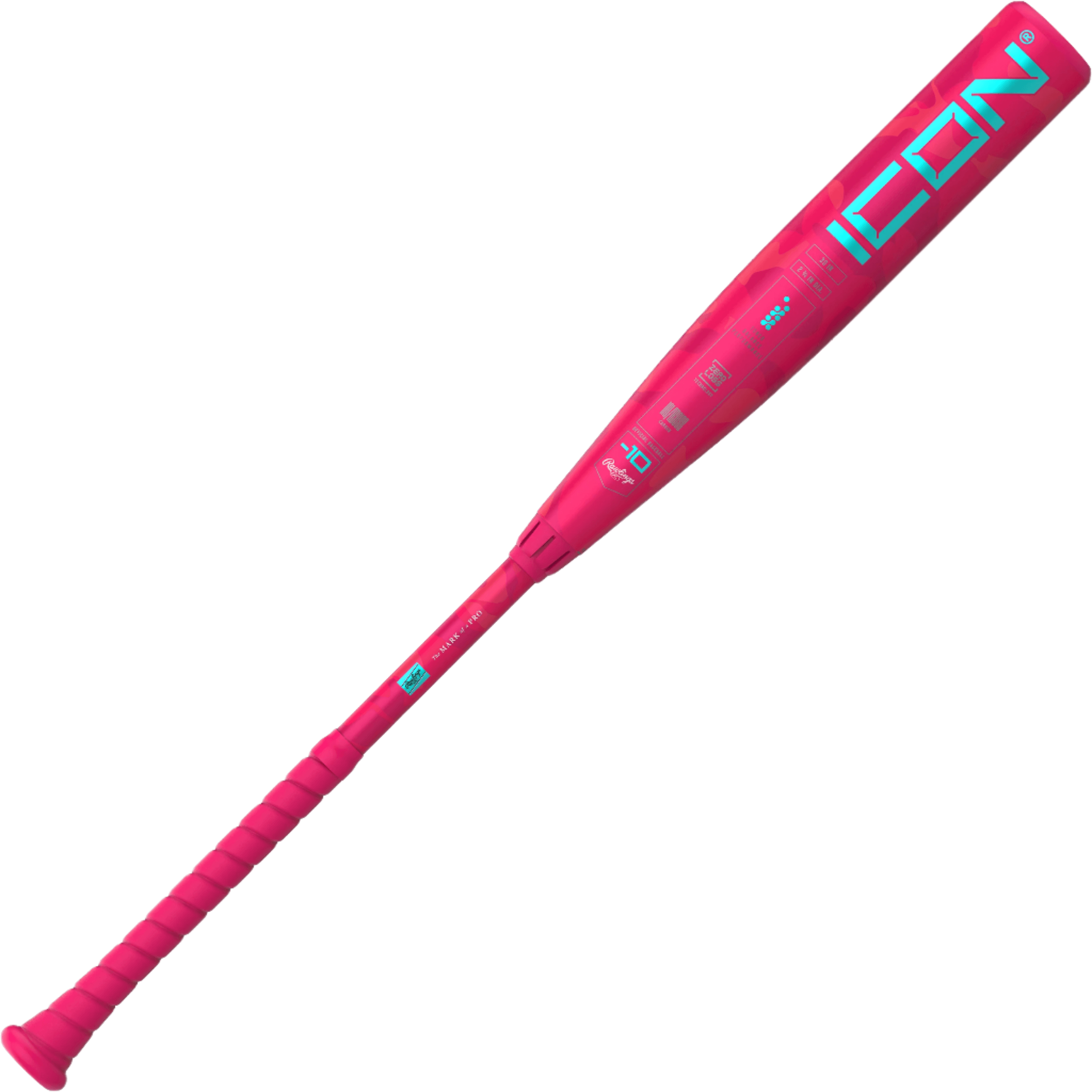 Eye-catching pink colorway on the front of Rawlings Icon Electric Unicorn Bat.