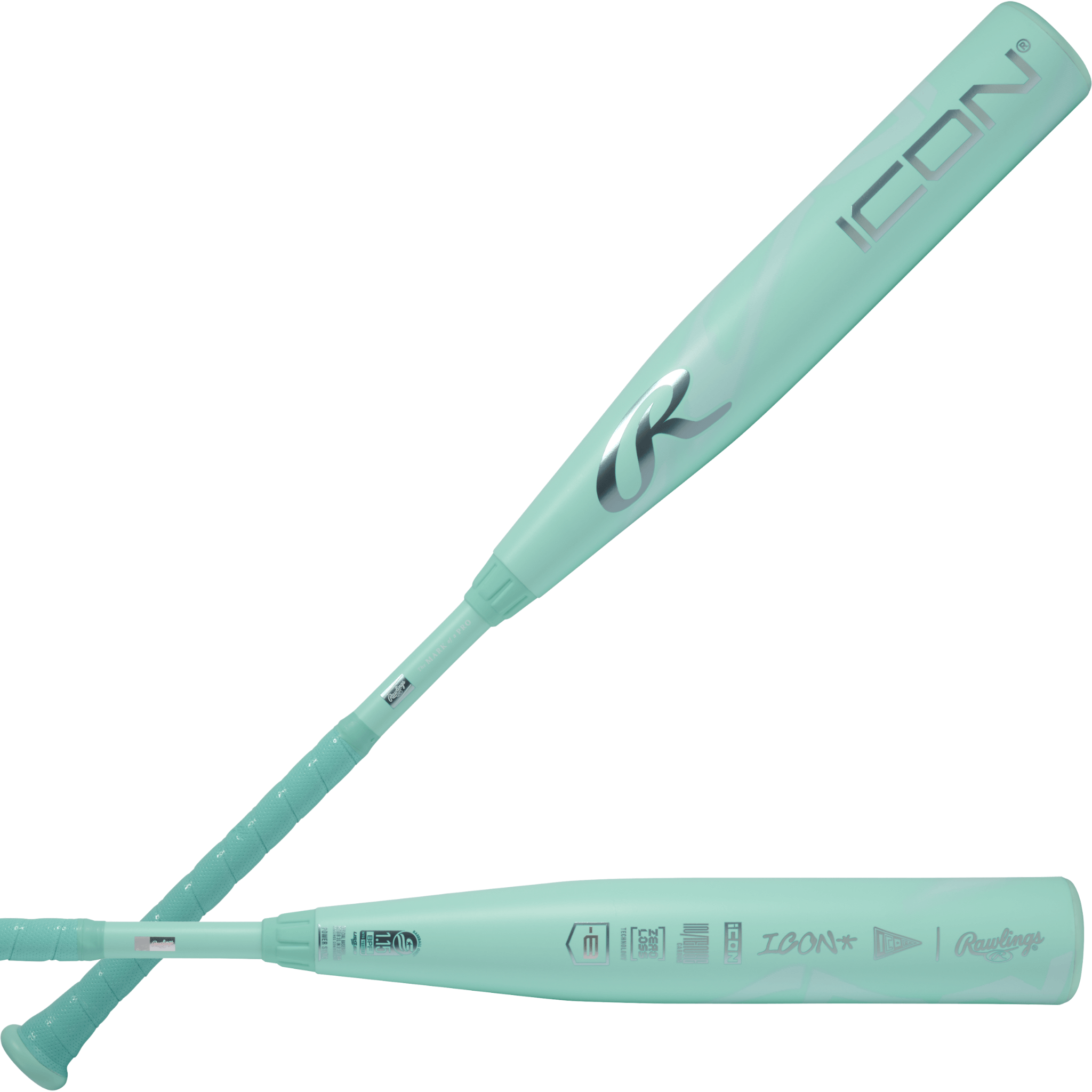 2026 Rawlings Icon (-8) USSSA Baseball Bat front and back view in cool mint colorway