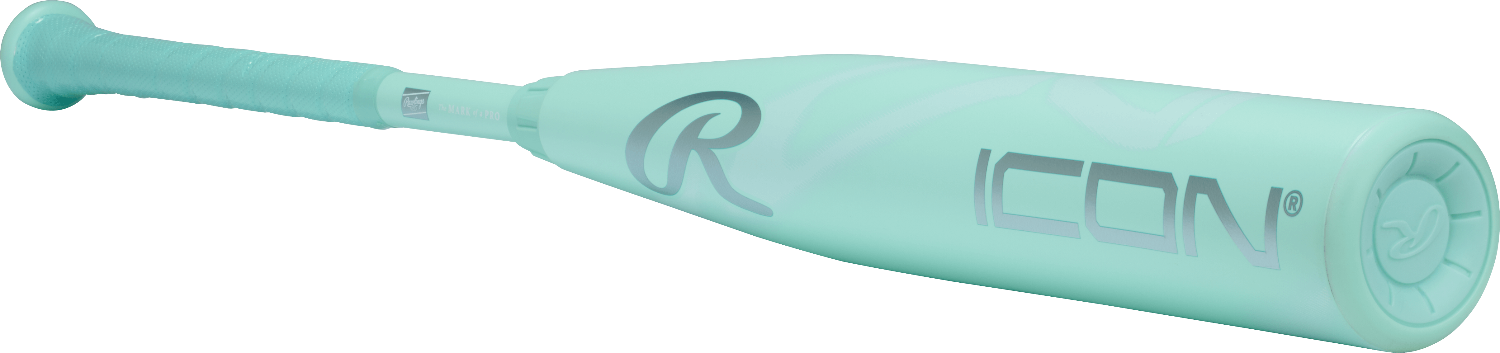 Three-quarter left front view of 2026 Rawlings Icon (-8) USSSA Baseball Bat with bold mint finish