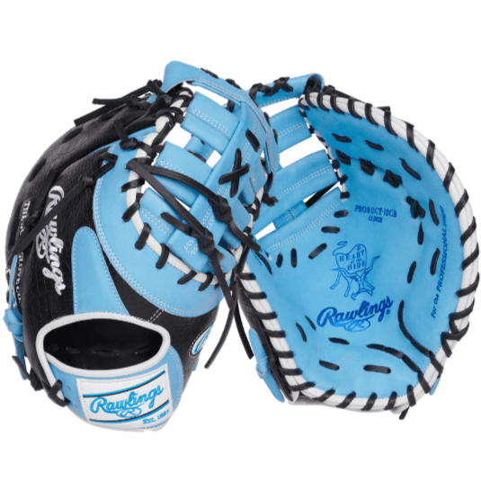 Rawlings Heart of the Hide 13" First Base Mitt in Columbia Blue and Black, showcasing durable leather and ergonomic design.