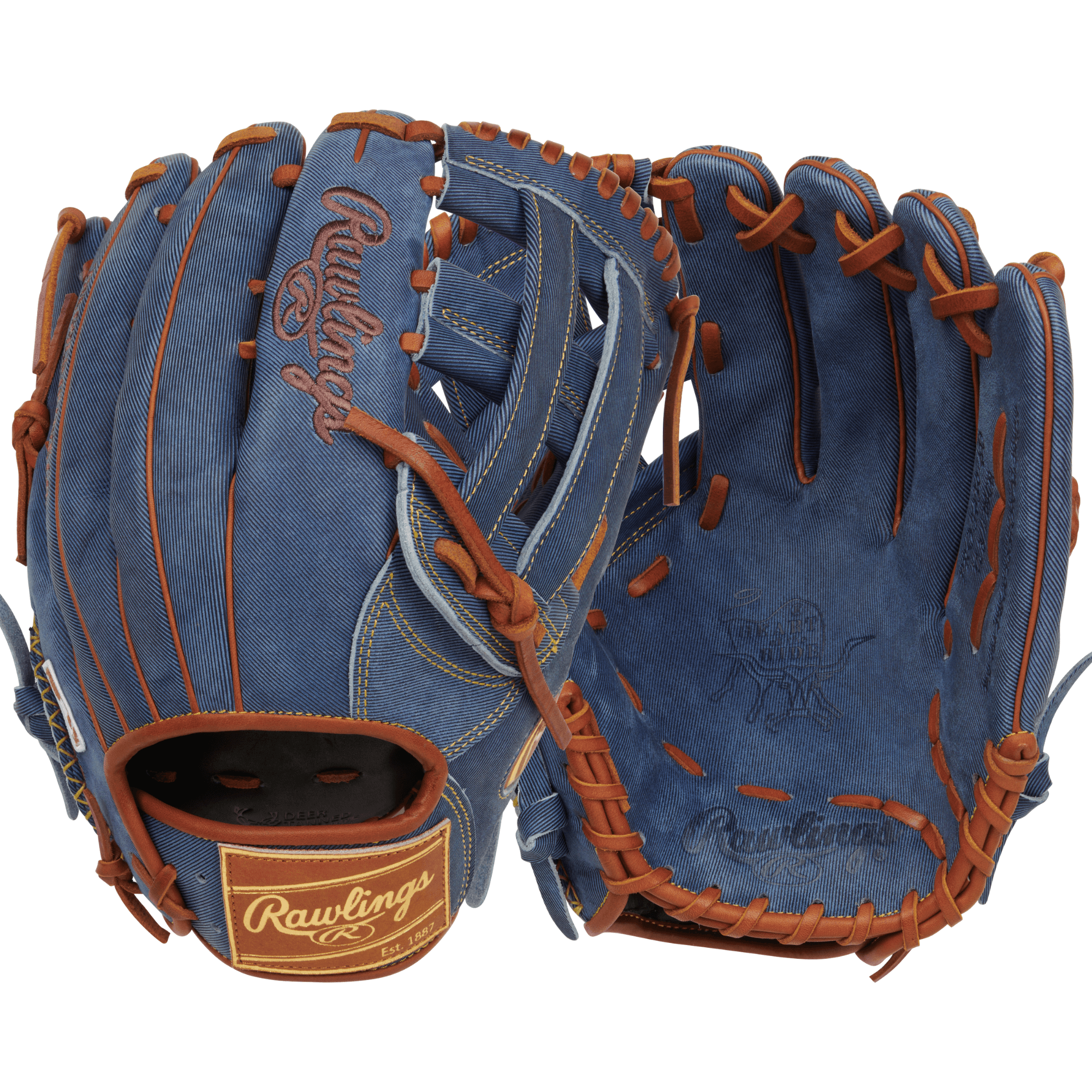 Rawlings Heart of the Hide Denim Edition Outfield Glove 12.75", featuring denim finish and rich brown stitching.
