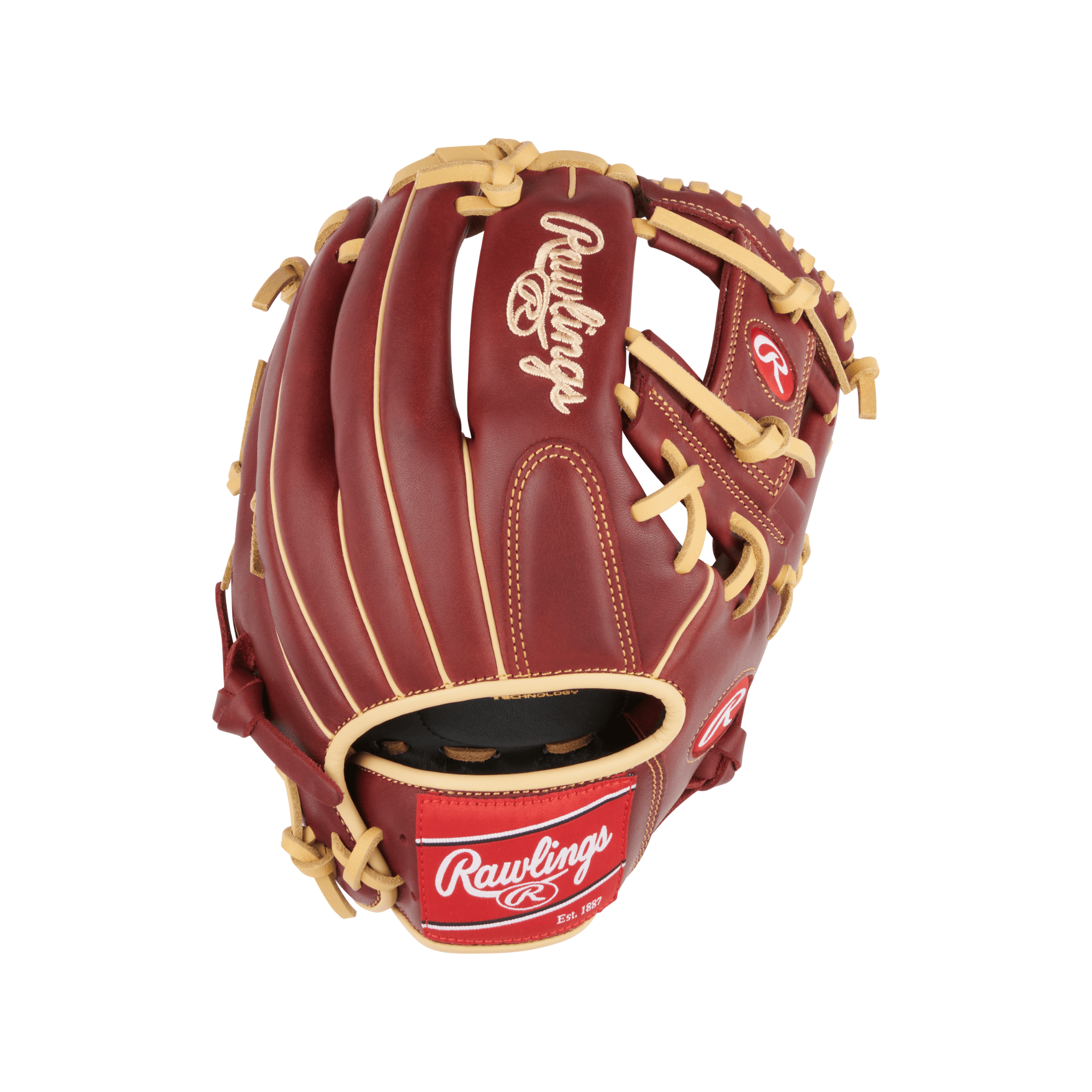 Rawlings Sandlot Series baseball glove in red and tan, 11.5” RHT design for pitching/infield use.