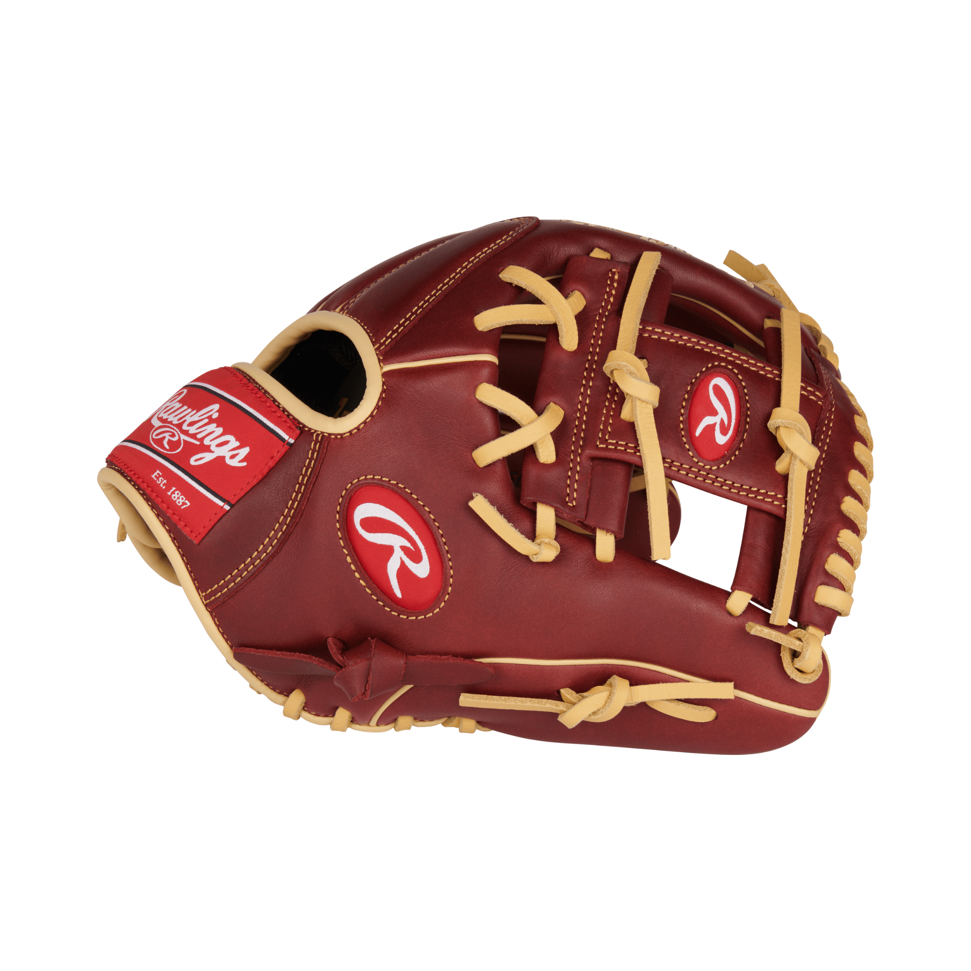 Rawlings Sandlot Series P/INF CONV/I Web baseball glove in red and tan, featuring oiled leather and Zero Shock technology.