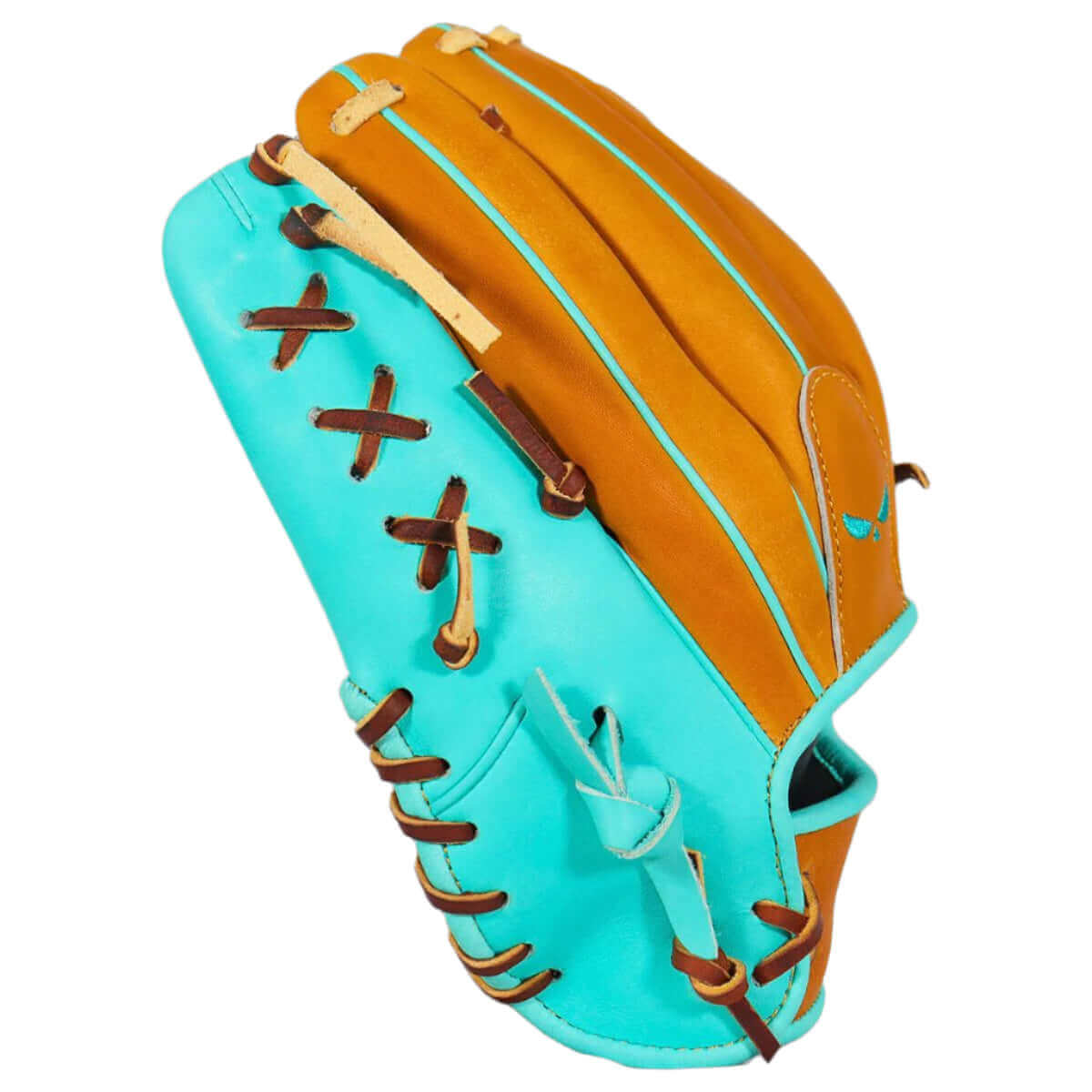 Shadow 20: Sandstorm 12" RHT glove in teal and brown, designed for pitchers with durable Japanese Kip Leather and closed web.