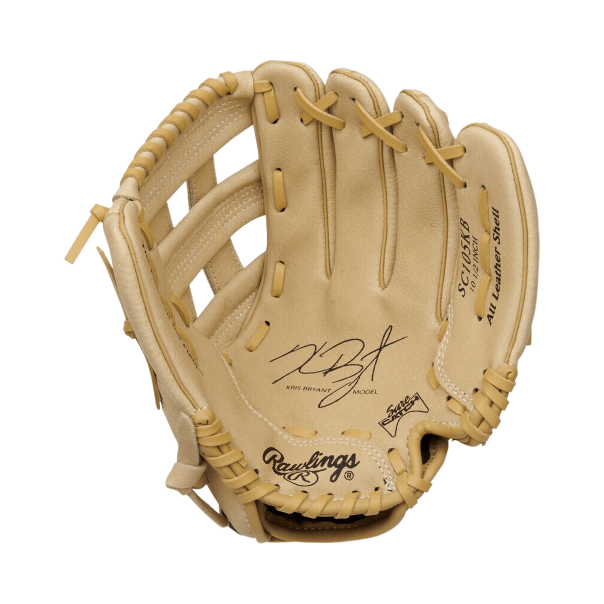 Rawlings Sure Catch 10.5-inch youth baseball glove in soft leather, featuring Kris Bryant's signature and cushioned linings.