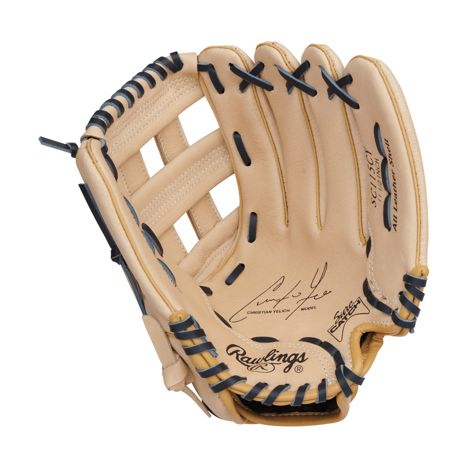Rawlings Sure Catch Youth C Yelich Signature 11.5" Baseball Glove showcasing signature and quality craftsmanship.