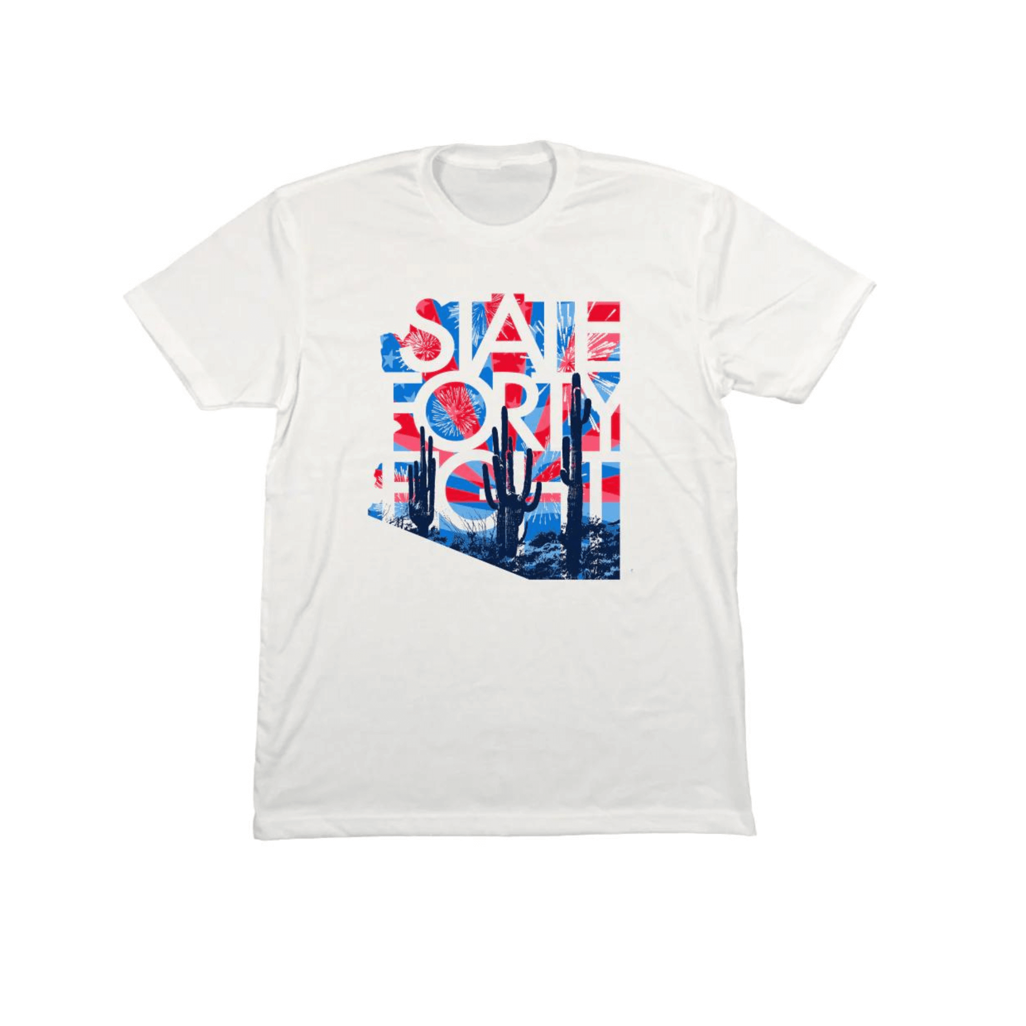 State Forty Eight men's crew neck tee featuring Independence Day cactus design in red, white, and blue on a white background.