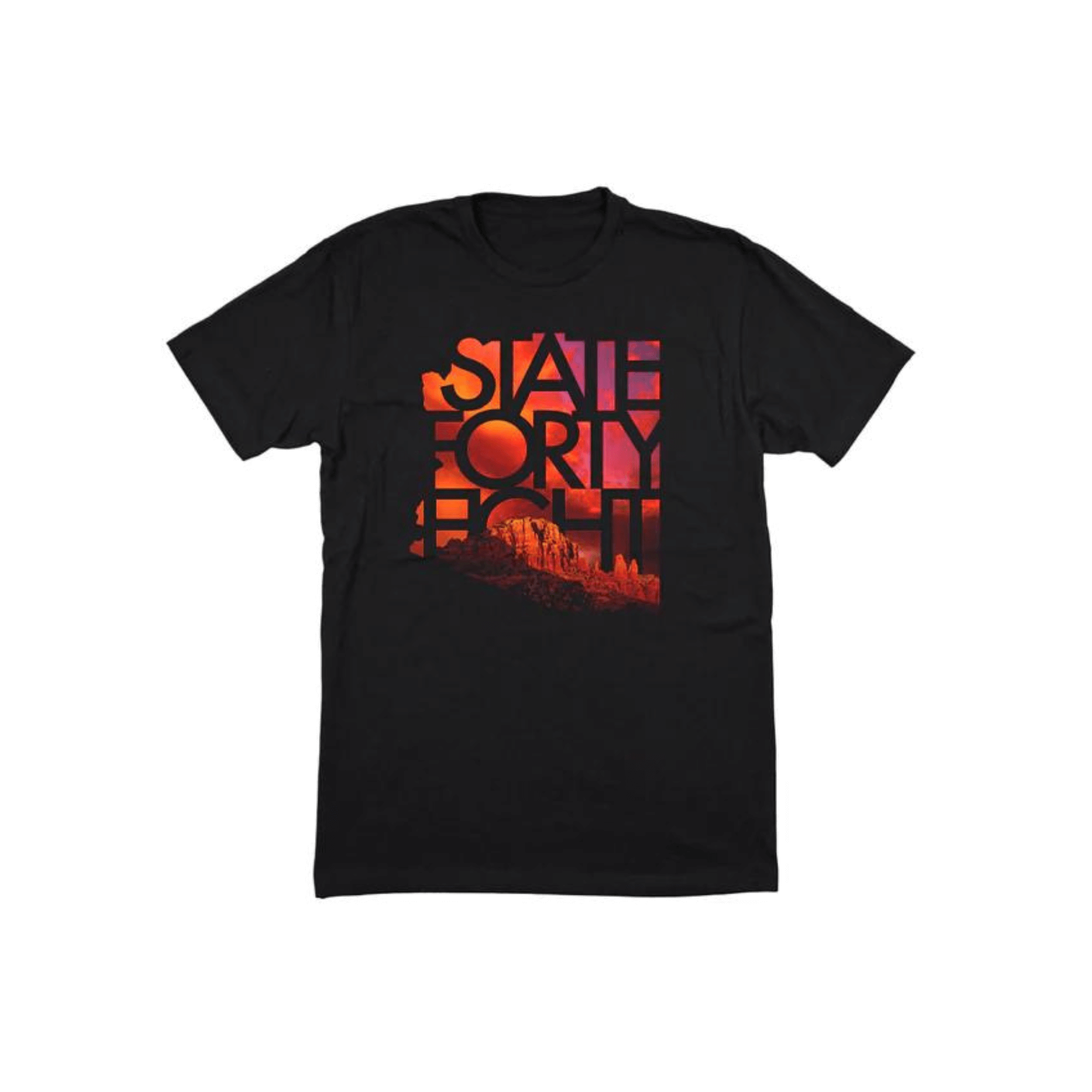 State Forty Eight Men's Crew Neck T-shirt in black showcasing Arizona's vibrant Sedona cliffs design.
