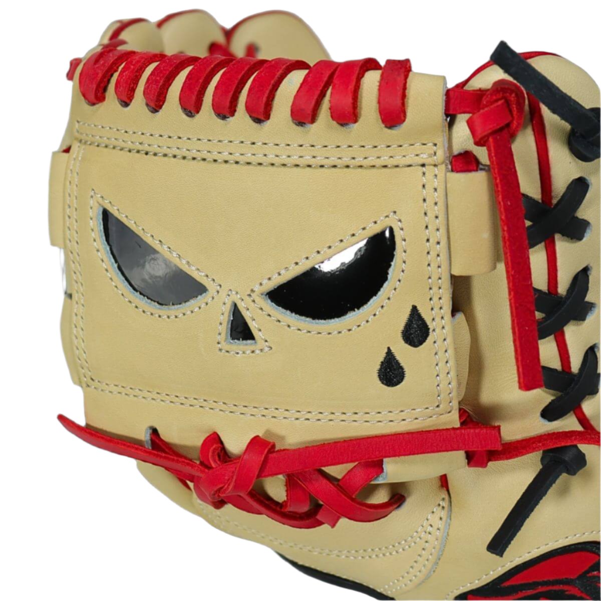 Shadow 17 infield glove with one-piece web design, featuring a unique skull pattern and bold red accents.