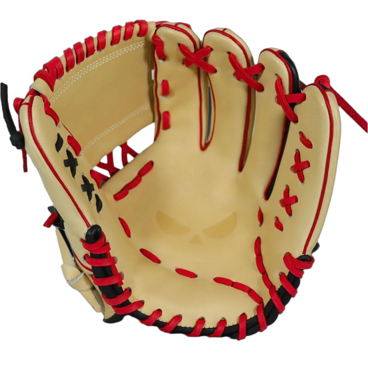 Shadow 17 infield glove in blonde leather with red and black accents, showcasing a unique one-piece web design.