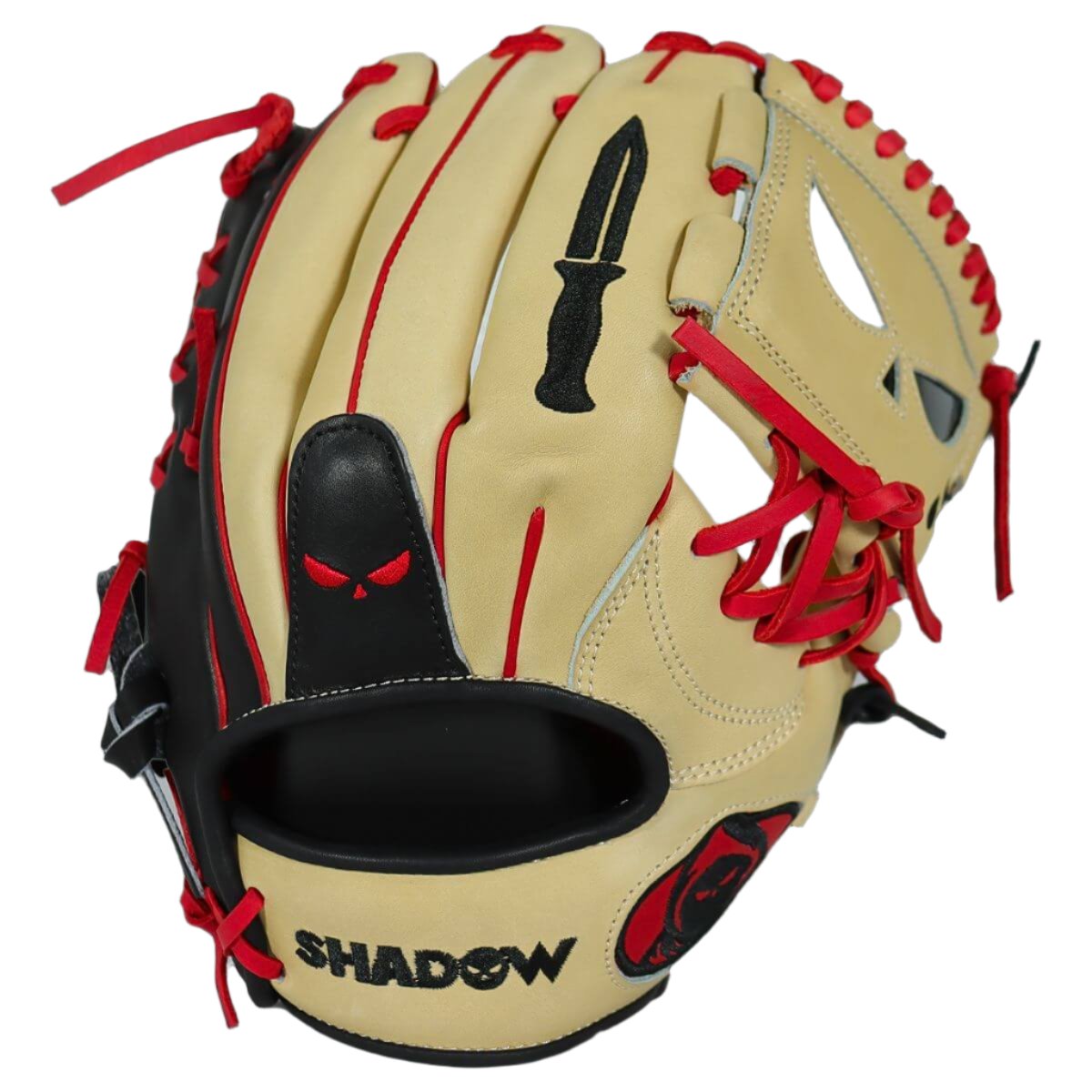 Shadow 17 infield glove with blonde leather and bold red accents, featuring a unique one-piece web design.