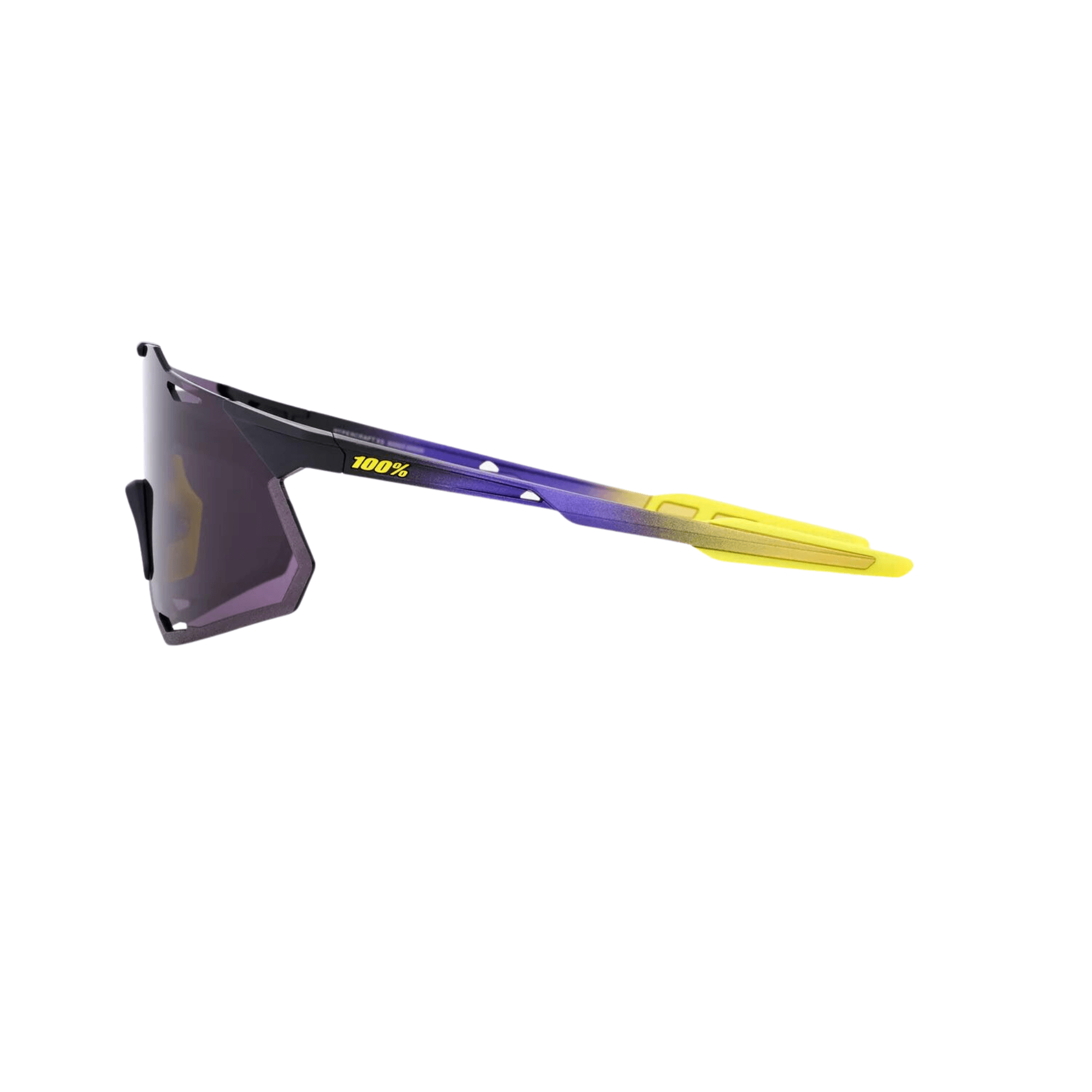 100% Hypercraft XS Matte Metallic Dark Purple Lens sunglasses with yellow accents for superior UV protection and style.