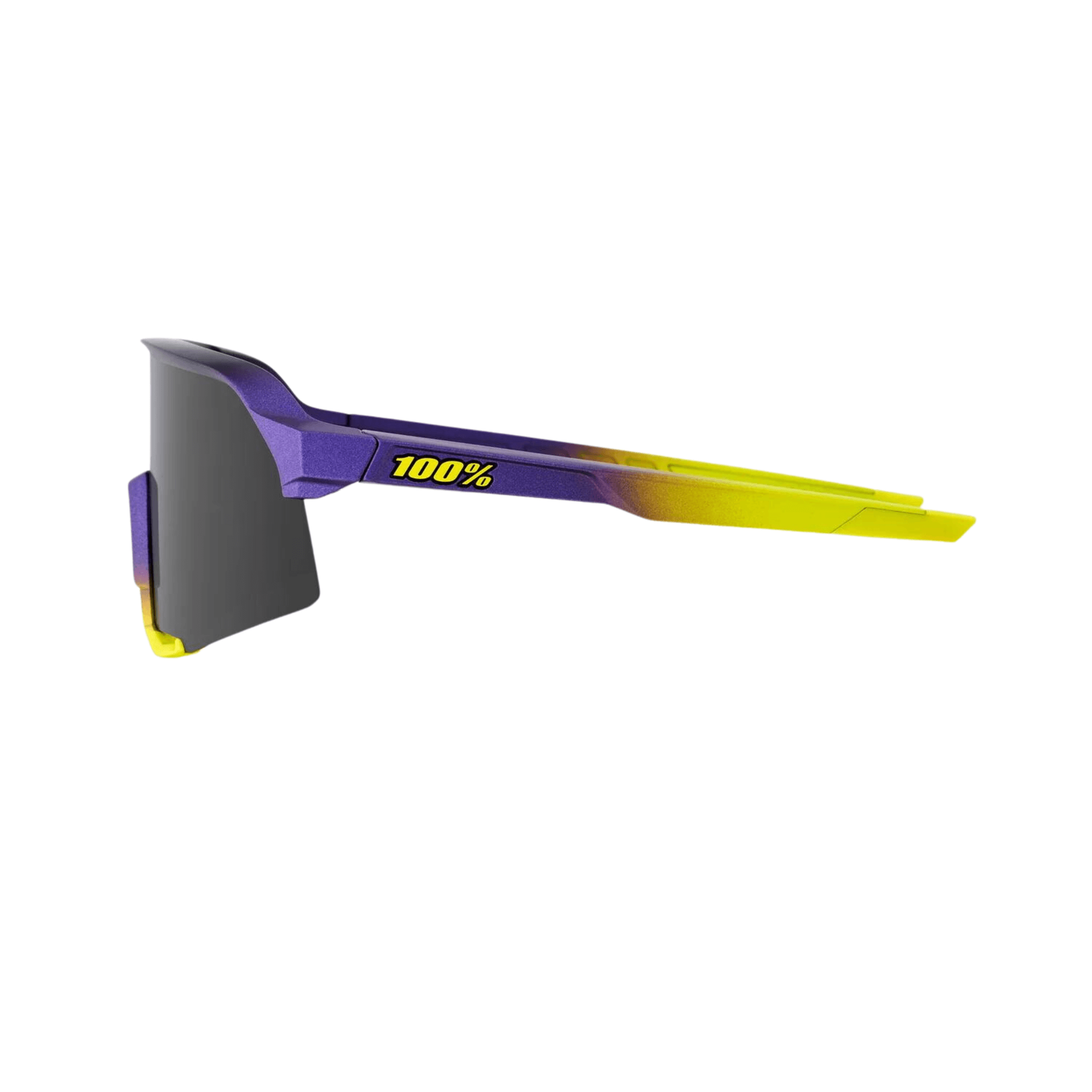 100% S3 Matte Metallic Smoke Lens sunglasses with purple and yellow frame, showcasing stylish design and high-performance features.