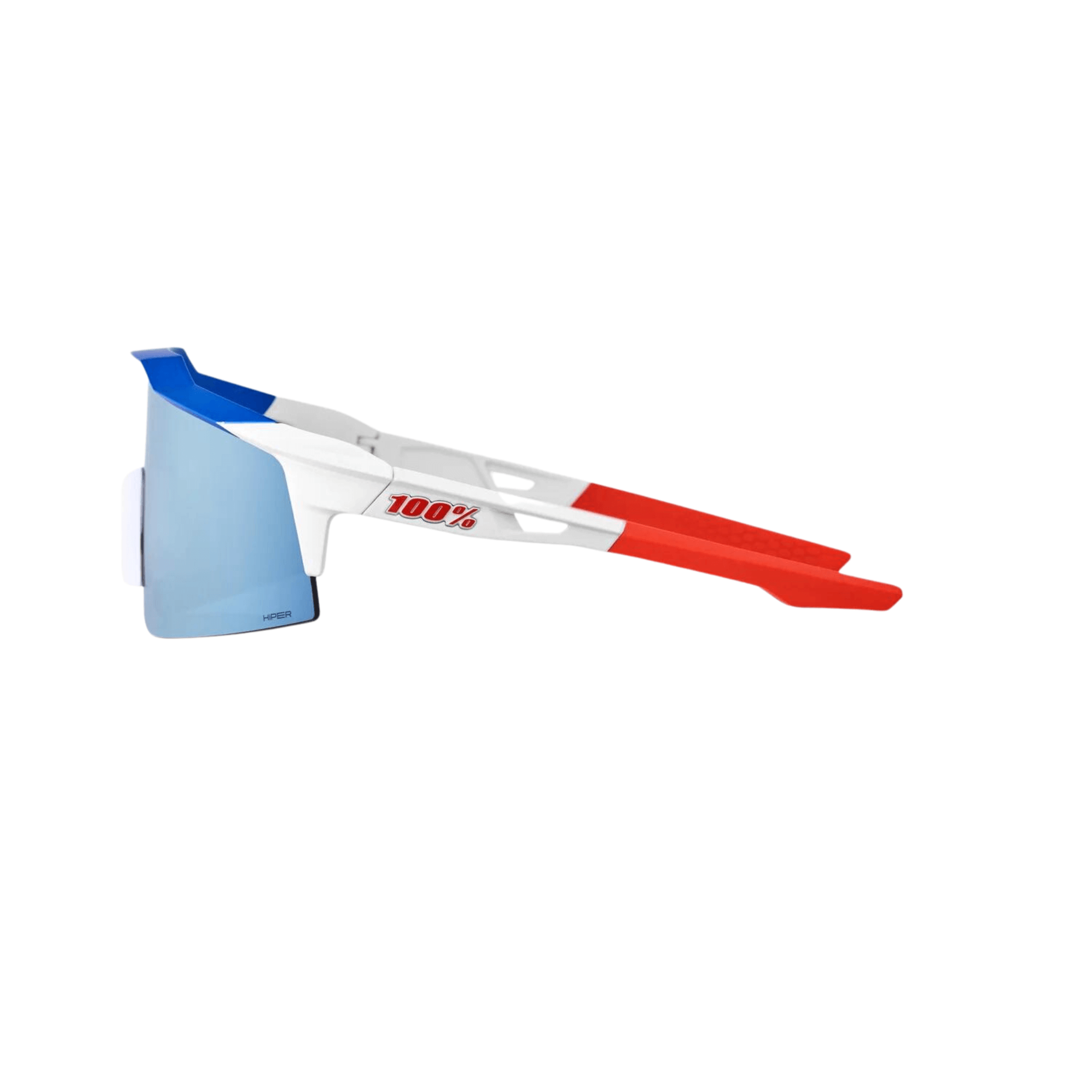 100% Speedcraft SL glasses in matte white, red and blue, featuring Hiper Blue multilayer mirror lenses.