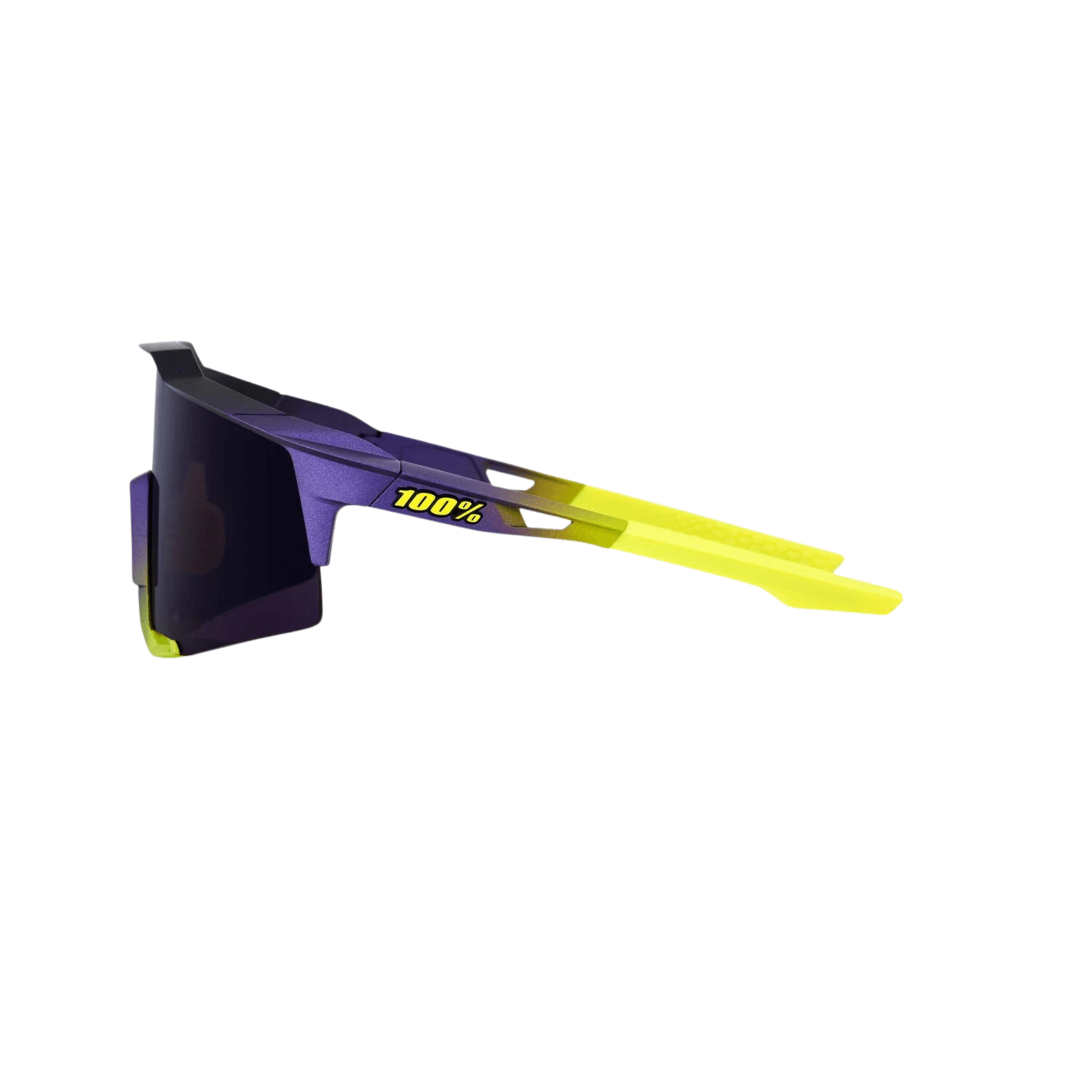 100% Speedcraft Matte Metallic sunglasses with dark purple lens and yellow accents, designed for optimal visibility and protection.