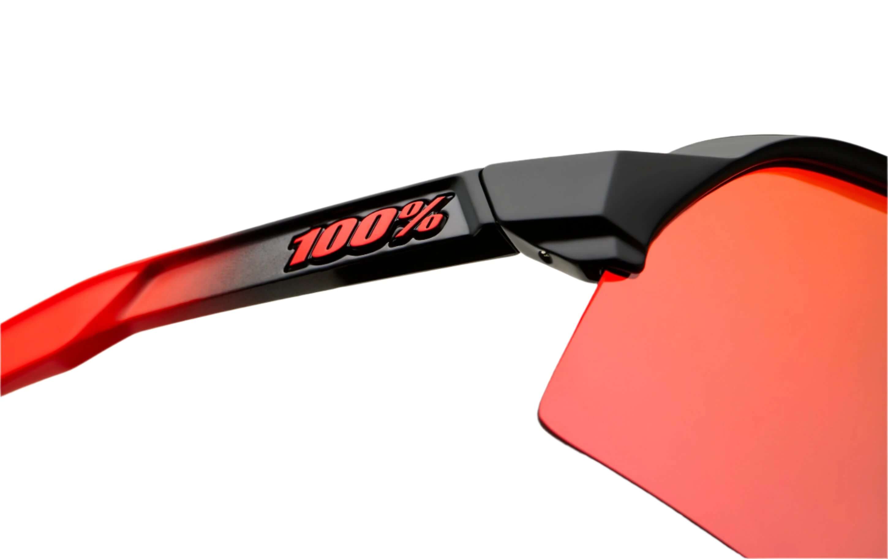 Close-up of 100% S3 LE Elly sunglasses with HiPER® Red Mirror lens, showcasing the sleek design and branding.