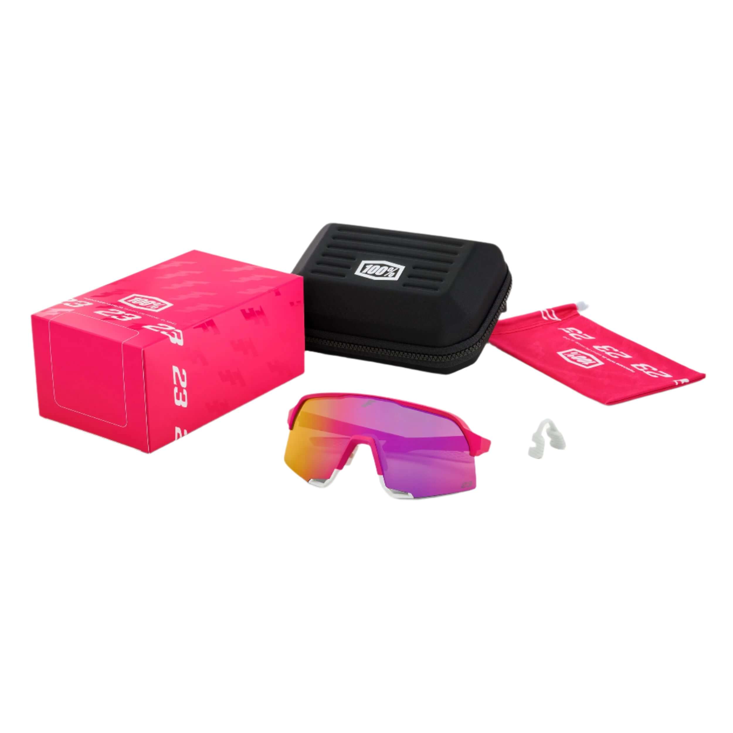 100% x Tatis Limited-Edition sunglasses in energizing pink with case and cleaning pouch, showcasing HiPER Lens technology.