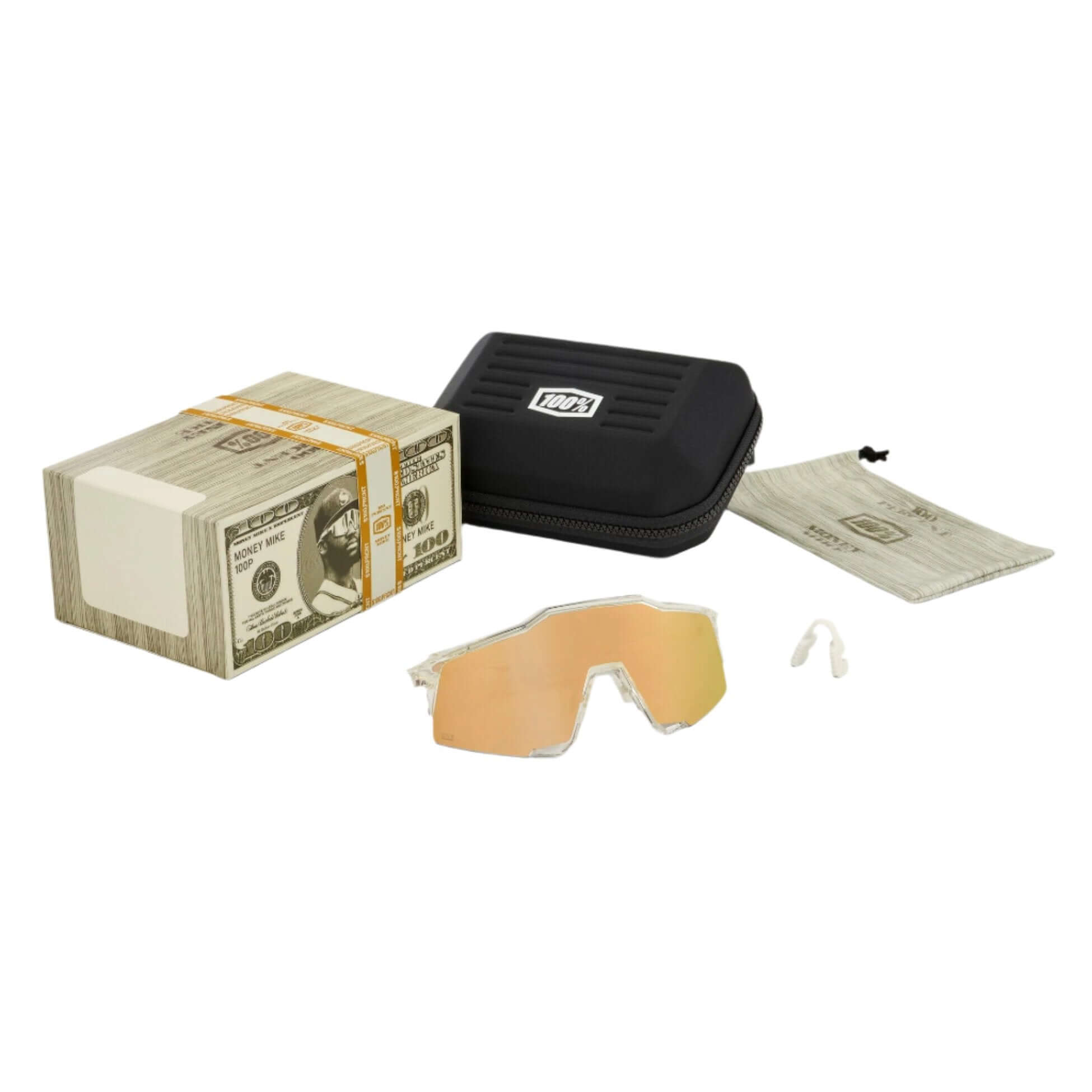 Speedcraft Money Mike 24 LE sunglasses with $100 bills packaging and accessories, showcasing premium style and performance.