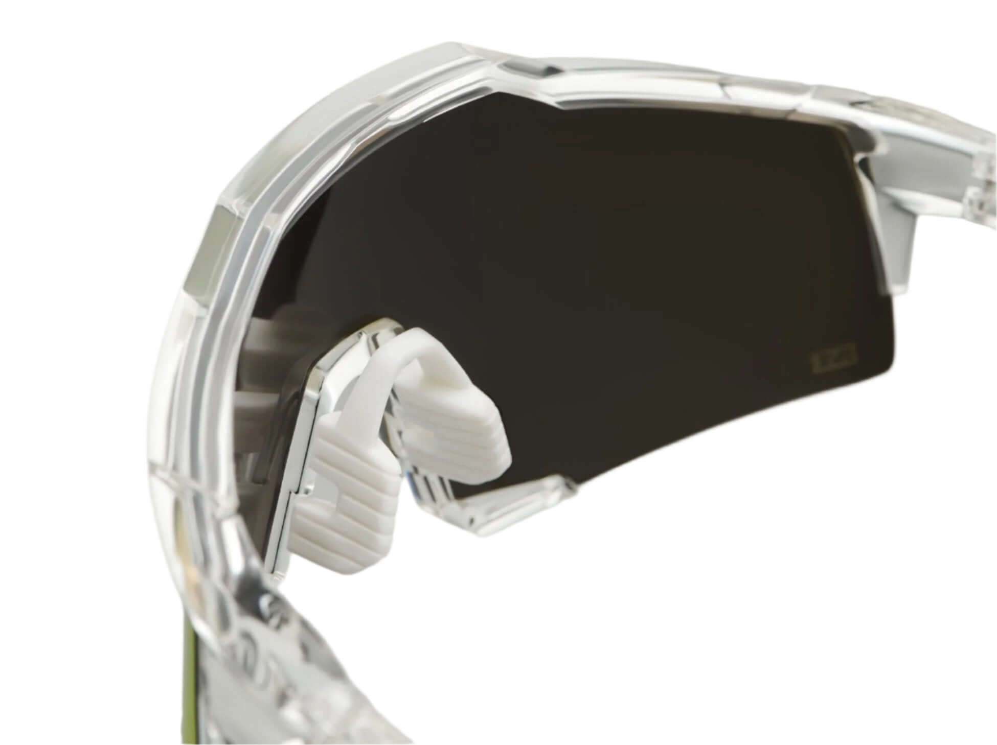 Close-up of 100% Speedcraft Money Mike sunglasses showcasing the crystal-clear frame and gold HiPER lens design.