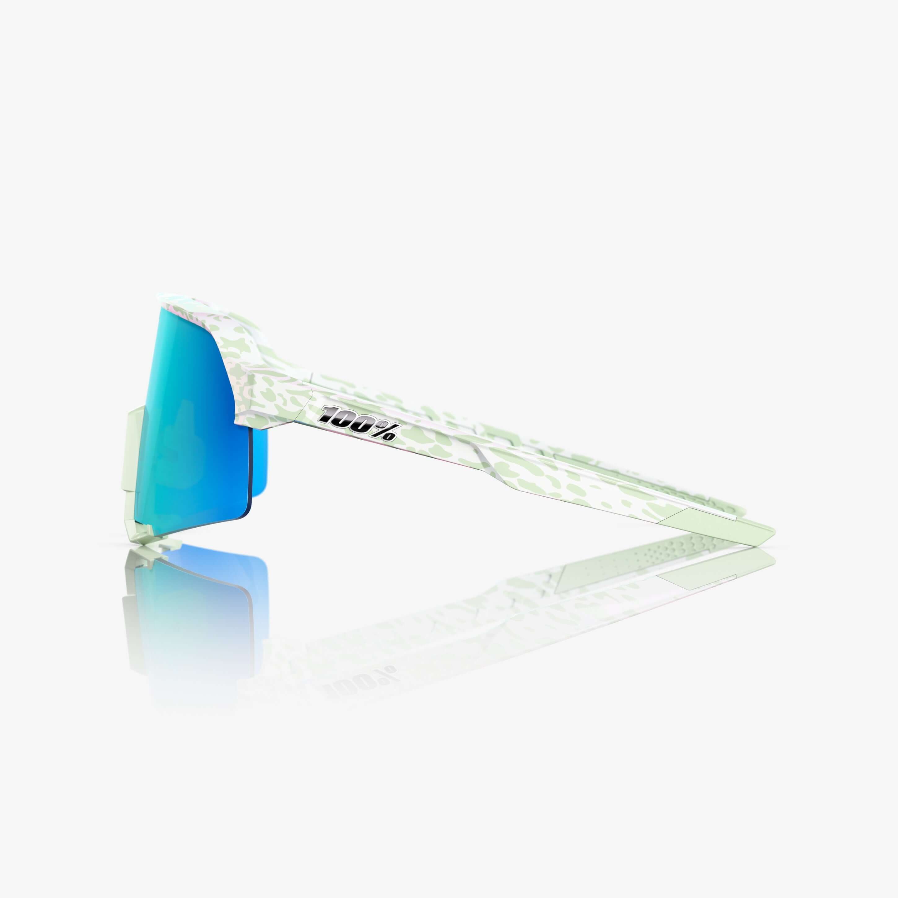Side frame view of 100% Speedcraft S3 LE Elly 2 sunglasses in polished light green with unique green splatter graphic
