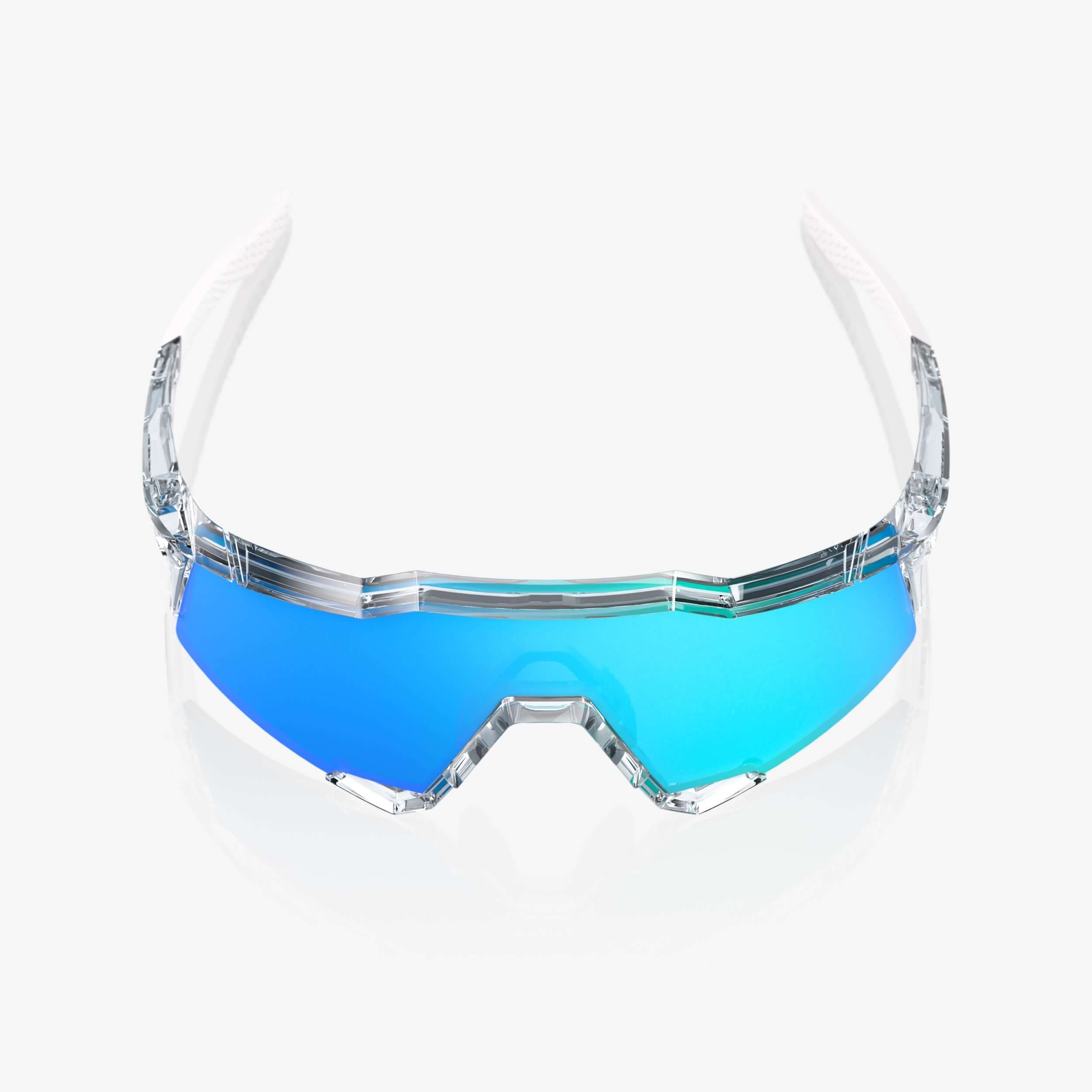 Top view of 100% Speedcraft Polished Clear sunglasses showing lightweight construction and premium blue topaz lens quality