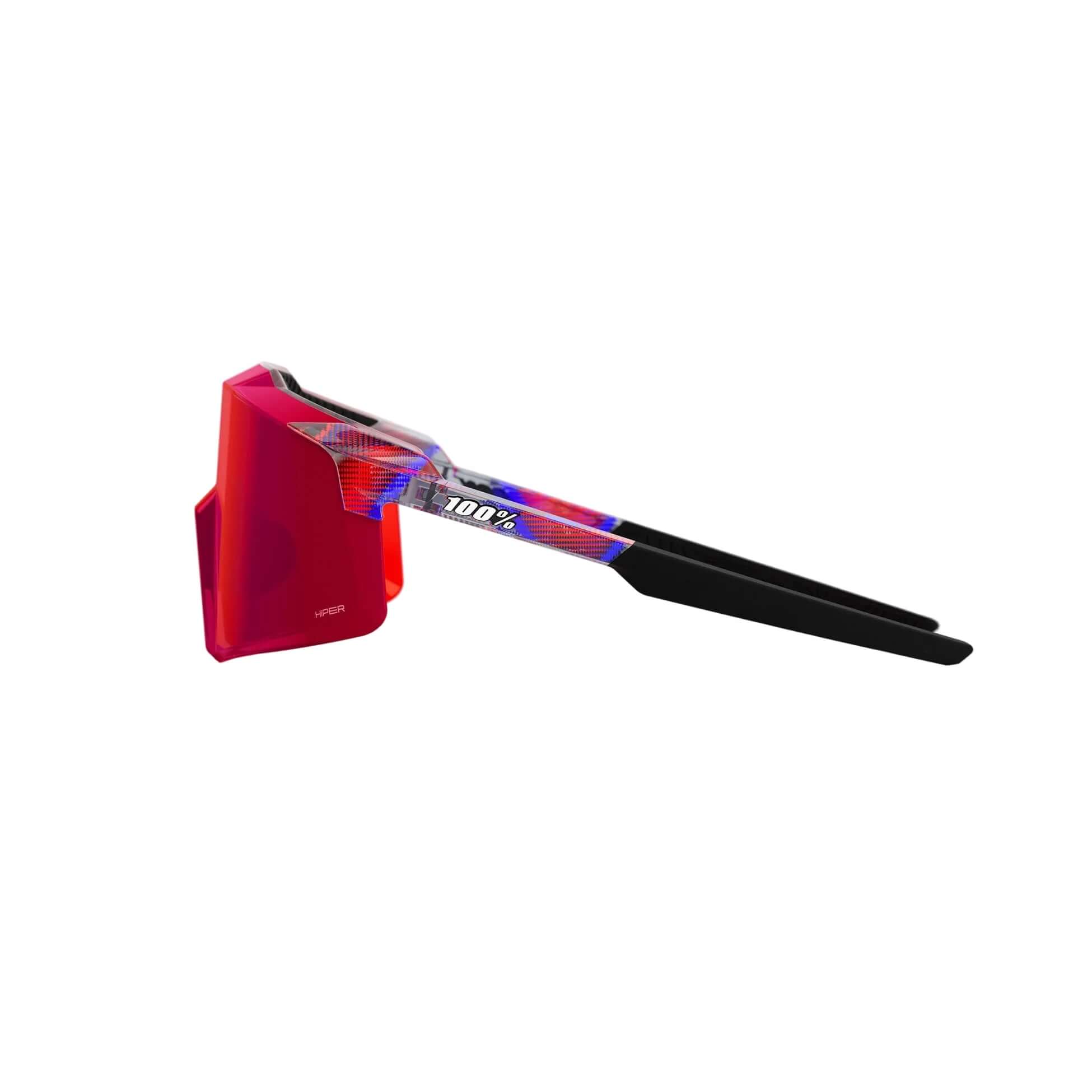 Side view of 100% Aerocraft FDJ Gloss Translucent Red/Blue sunglasses with HiPER Fire Red Mirror Lens.