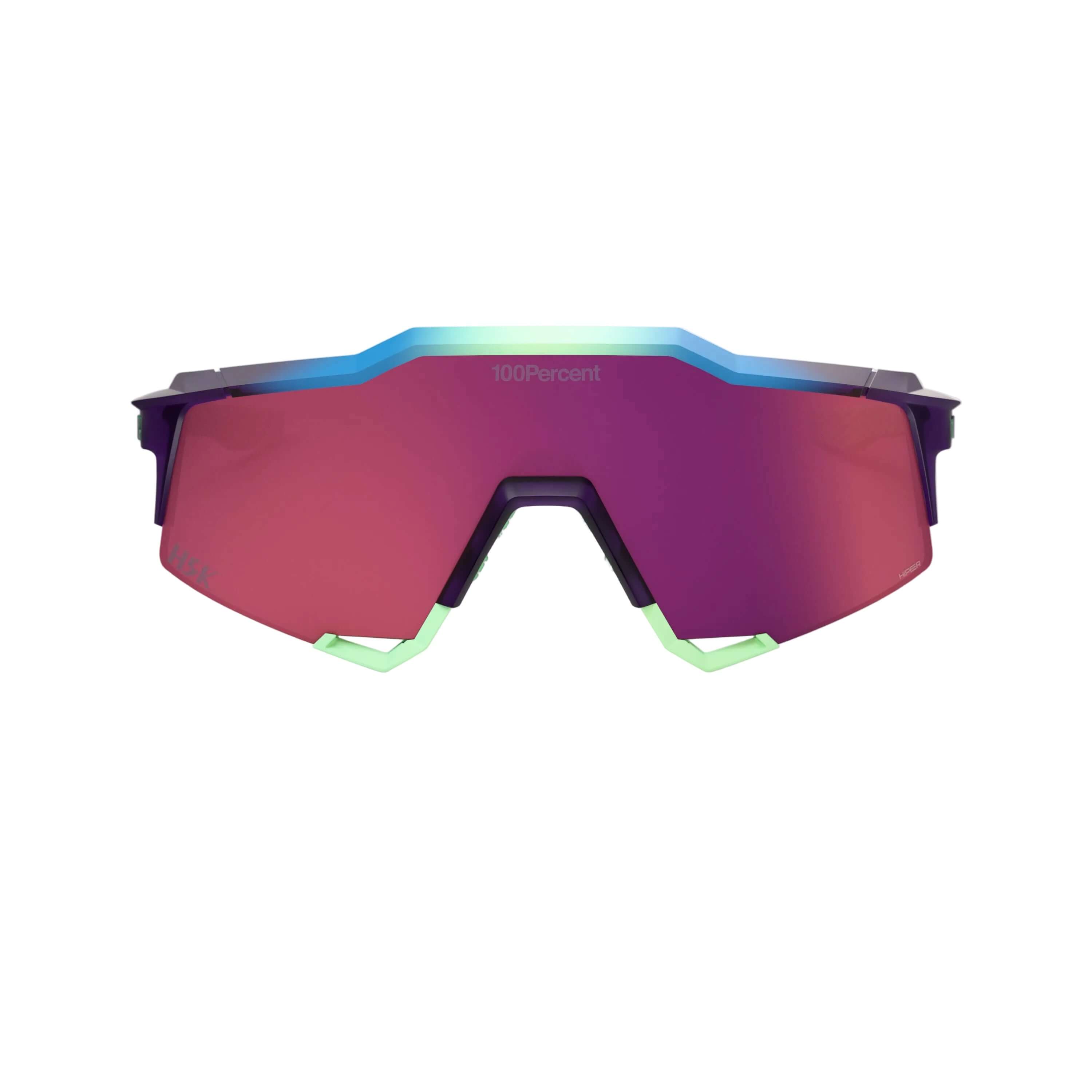 Front view of 100% Speedcraft HSK ELECTRIC PURPLE - HiPER Dark Purple Mirror Lens sunglasses with a bold frame and mirrored lenses.