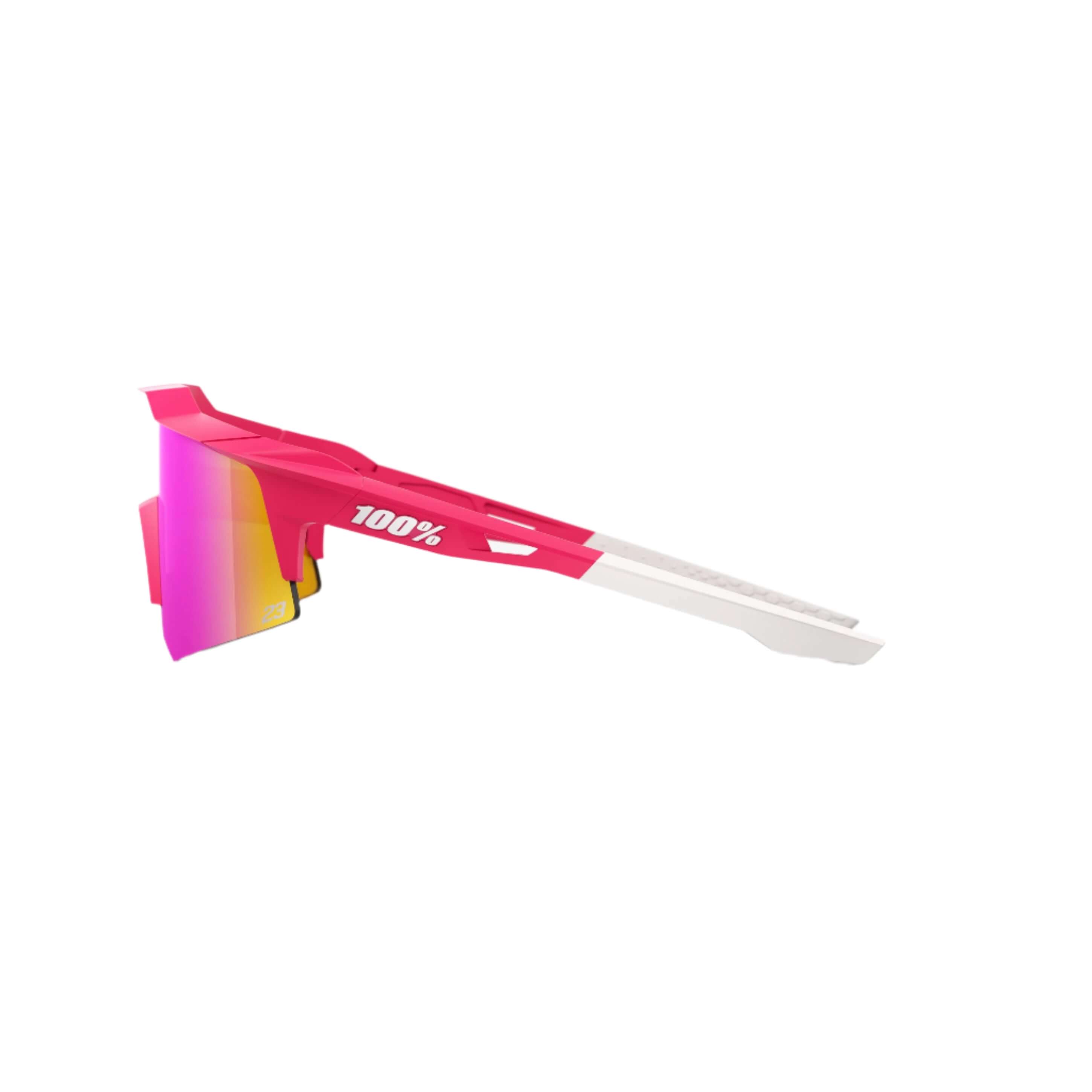 Side view showing 100% brand logo on Speedcraft XS LE Tatis 24 LE Pink Mirror sunglasses"