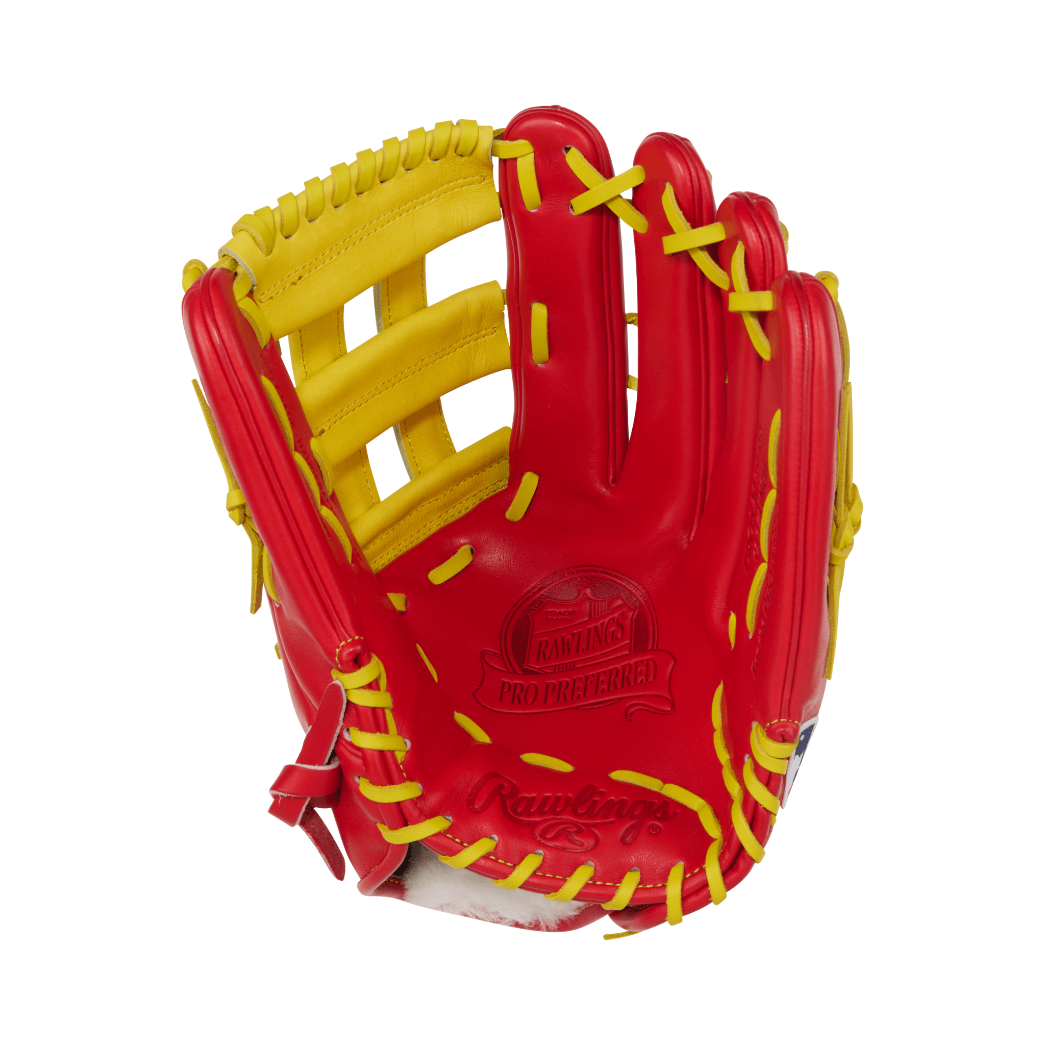 Palm view of Rawlings Pro Preferred 12.75" Scarlet/Yellow LHT outfield glove with Pittards sheepskin lining and deep pocket