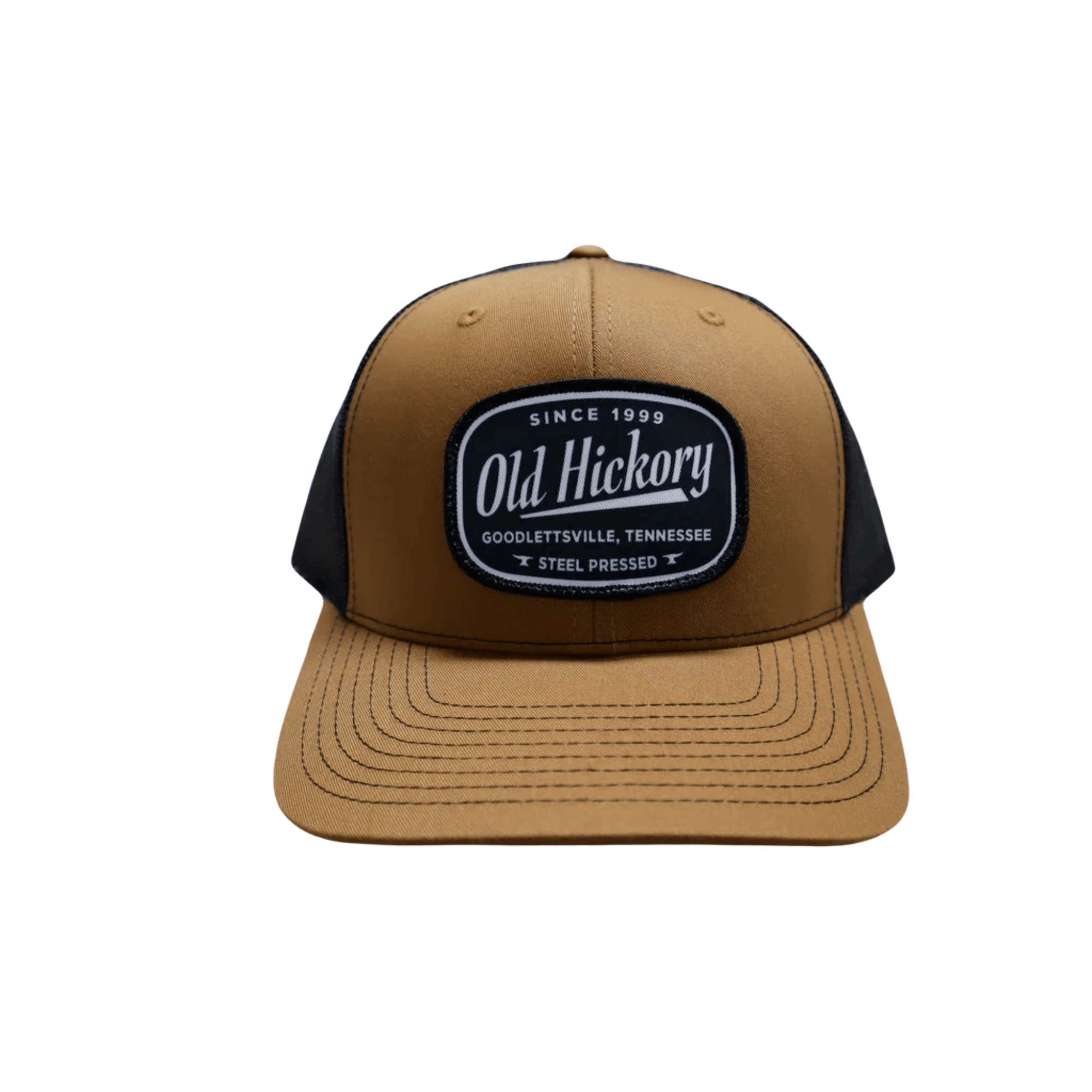 Old Hickory Steel Pressed Patch Cap in Caramel and Black, featuring a sublimated logo and snapback design.