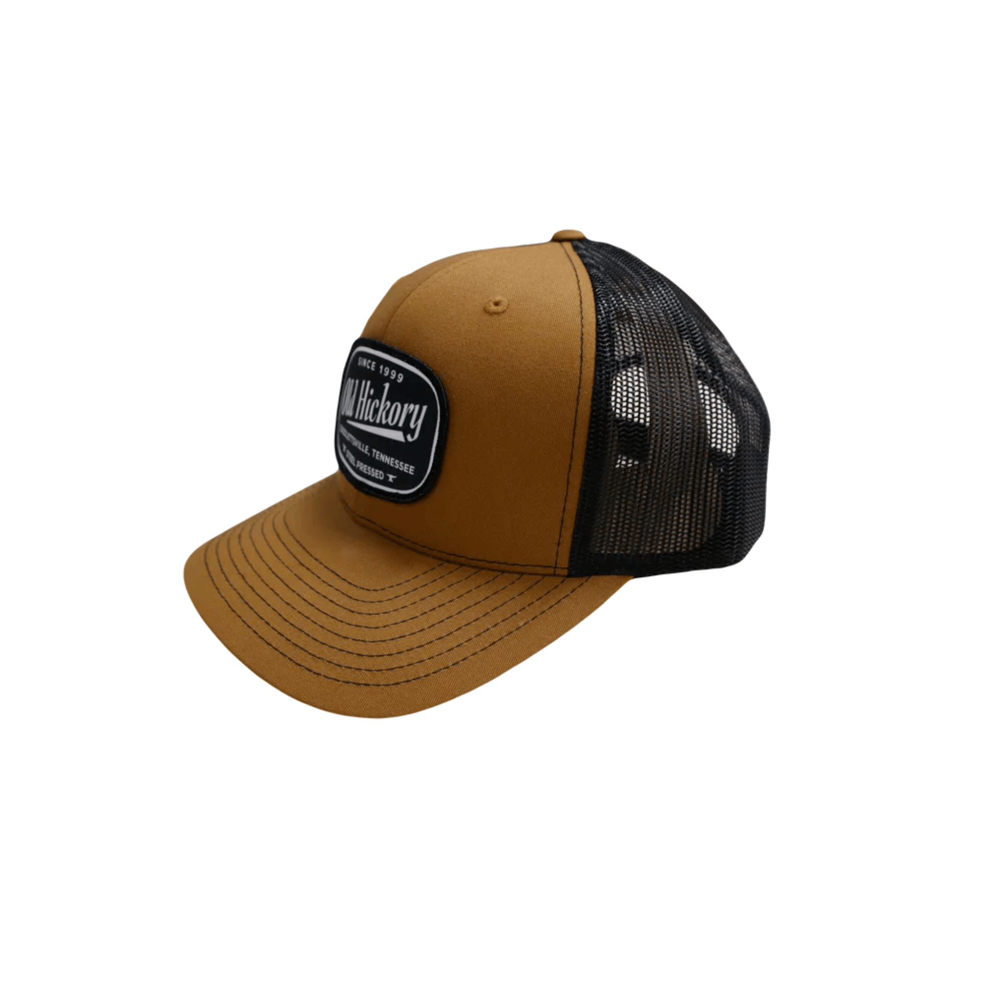 Old Hickory Steel Pressed Patch Cap in caramel and black, featuring a snapback design and sublimated logo patch.