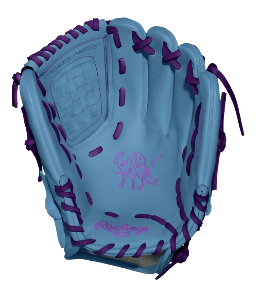 Rawlings Heart of the Hide Custom Pitcher glove in baby blue and purple, showcasing quality leather and stylish design.