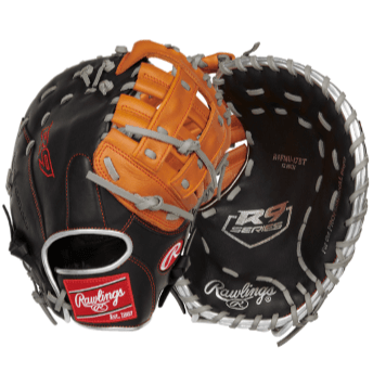 Rawlings R9 Contour Fit First Base Mitt 12" LHT, featuring all-leather shell and optimal fit for youth players' hands.